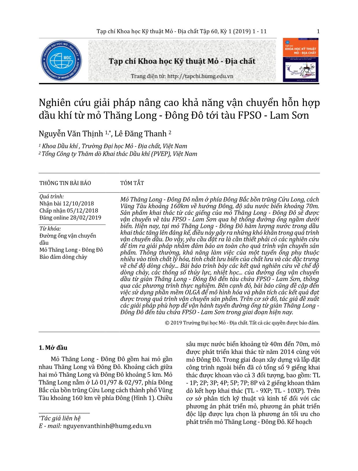 Nghiên cứu giải pháp nâng cao khả năng vận chuyển hỗn hợp dầu khí từ mỏ Thăng Long - Đông Đô tới tàu FPSO - Lam Sơn trang 1