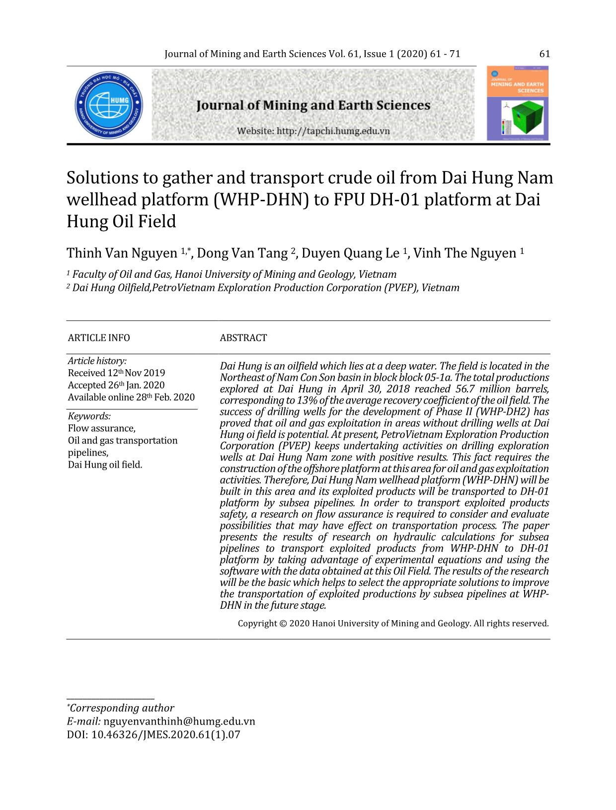 Nghiên cứu giải pháp thu gom vận chuyển dầu từ giàn Đại Hùng Nam (WHP - DHN) về giàn FPU DH - 01 mỏ Đại Hùng trang 1