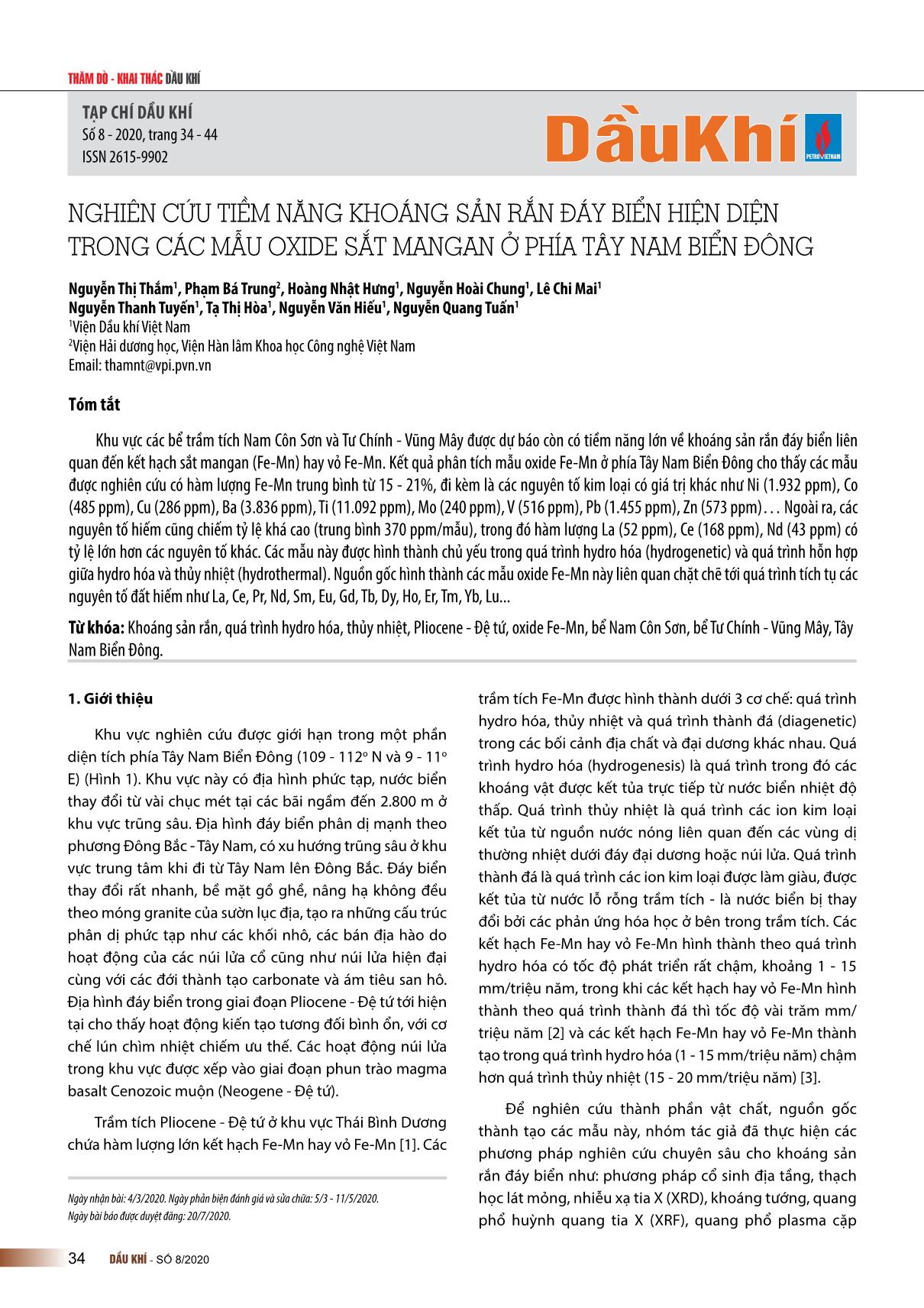Nghiên cứu tiềm năng khoáng sản rắn đáy biển hiện diện trong các mẫu oxide sắt mangan ở phía Tây Nam Biển Đông trang 1