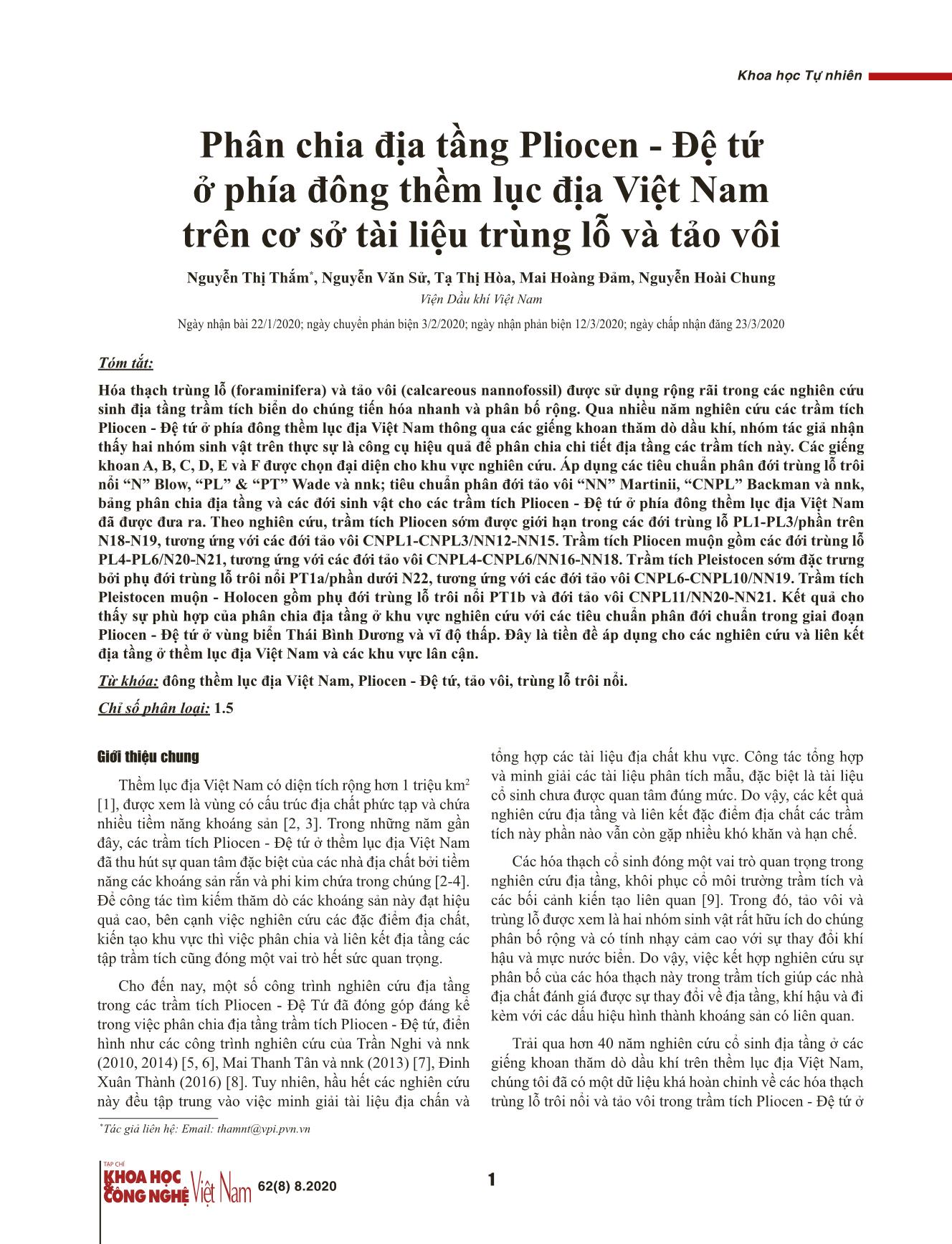 Phân chia địa tầng Pliocen - Đệ tứ ở phía đông thềm lục địa Việt Nam trên cơ sở tài liệu trùng lỗ và tảo vôi trang 1