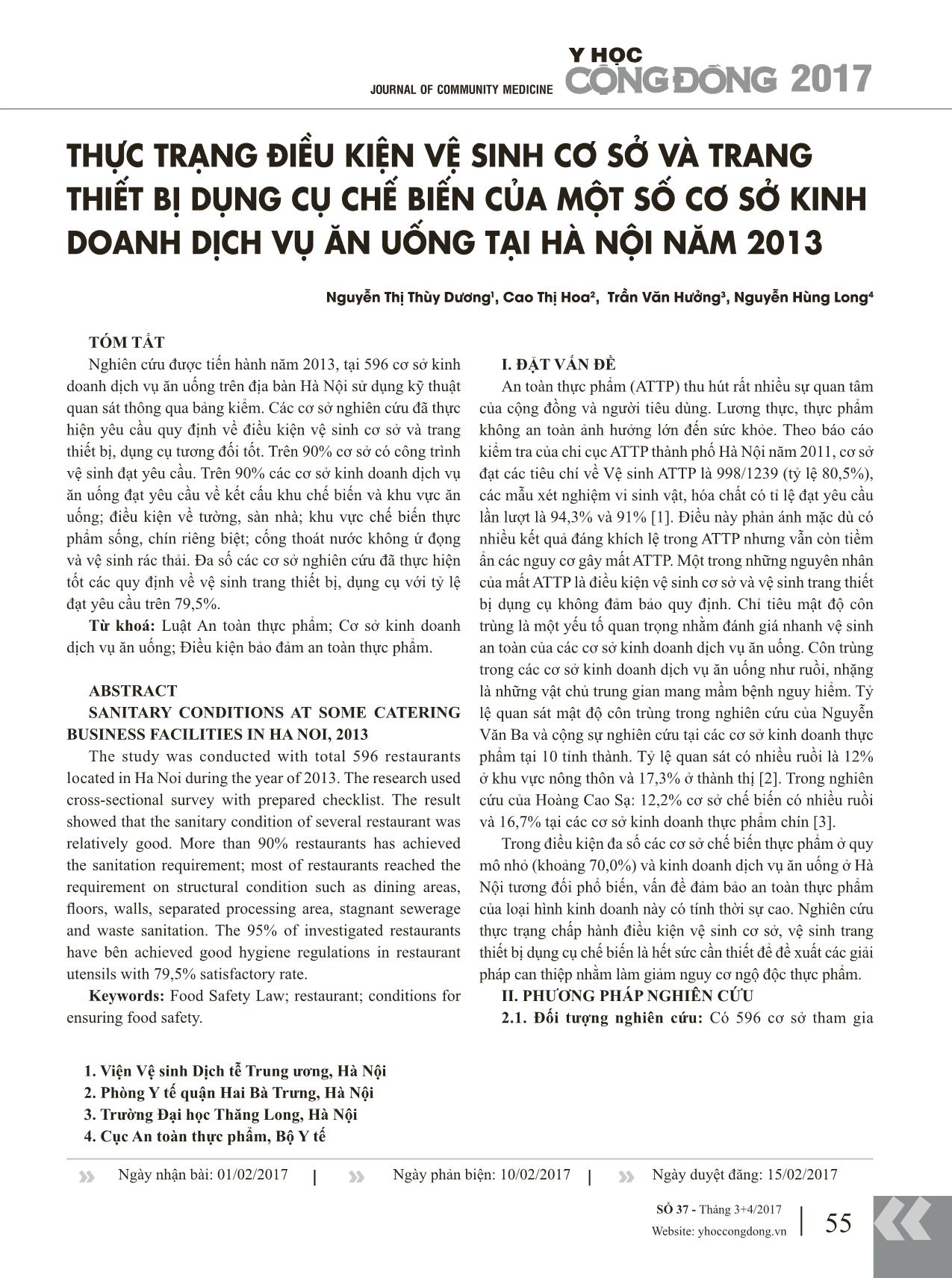 Thực trạng điều kiện vệ sinh cơ sở và trang thiết bị dụng cụ chế biến của một số cơ sở kinh doanh dịch vụ ăn uống tại Hà Nội năm 2013 trang 1