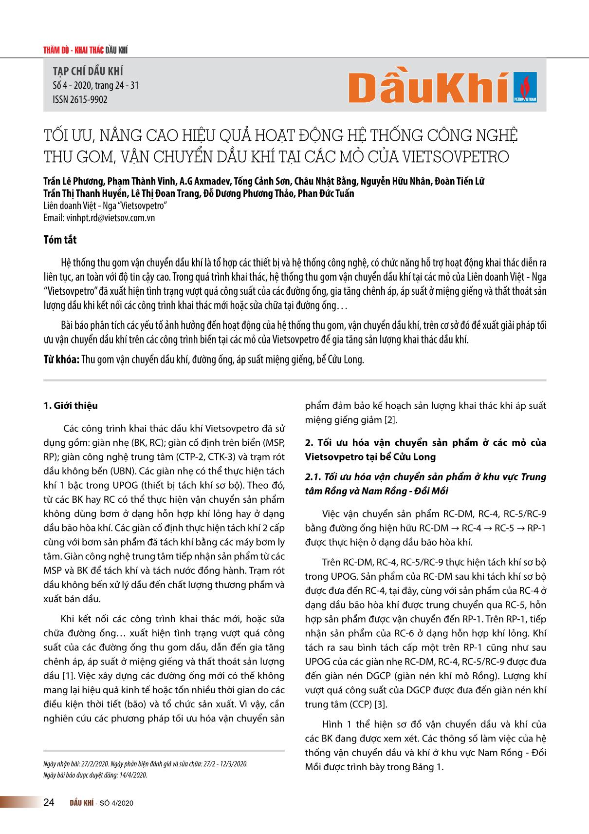 Tối ưu, nâng cao hiệu quả hoạt động hệ thống công nghệ thu gom, vận chuyển dầu khí tại các mỏ của Vietsovpetro trang 1