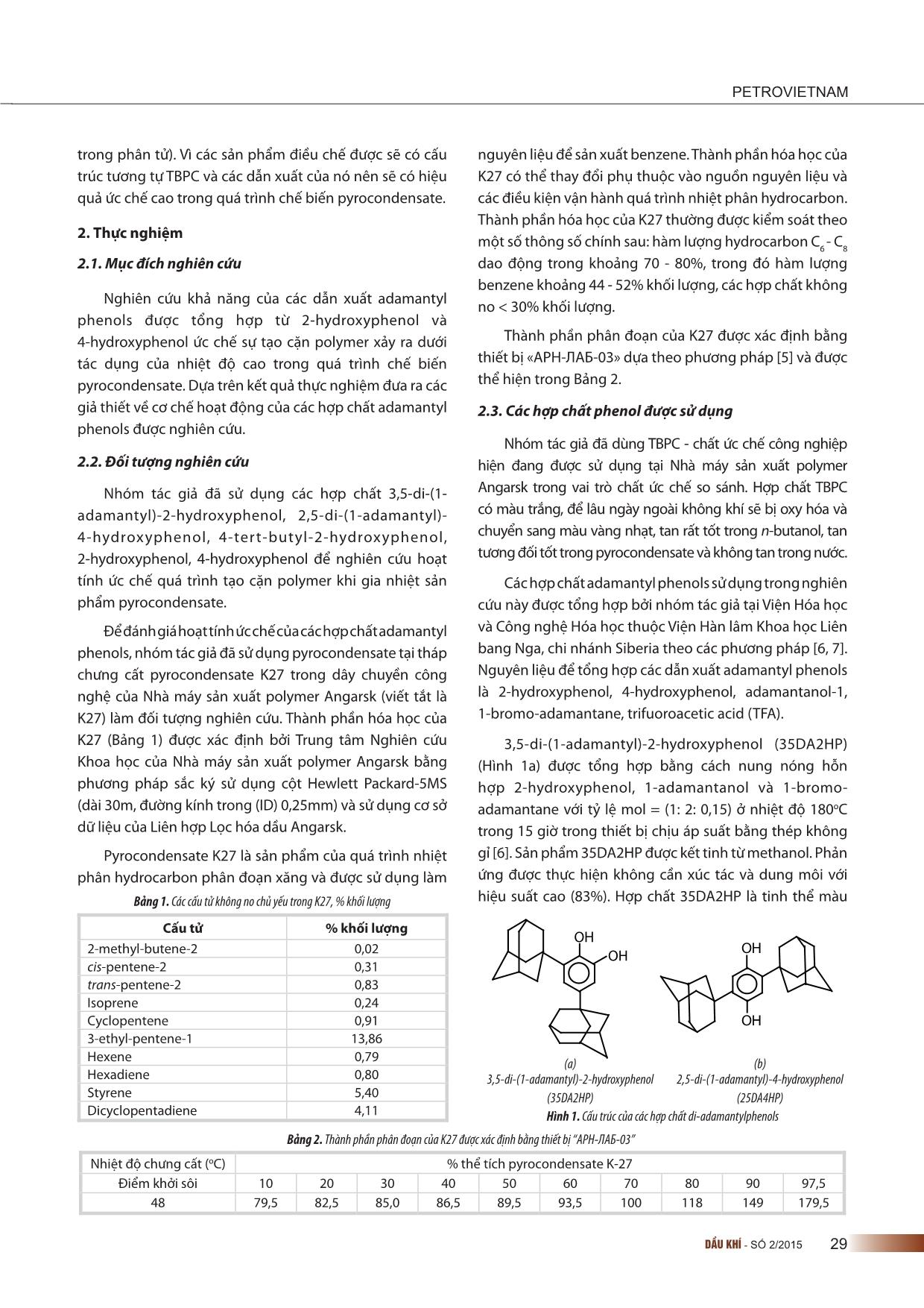 Ức chế quá trình tạo cặn polymer trong chế biến sản phẩm lỏng của quá trình nhiệt phân hydrocarbon bằng các dẫn xuất di-Adamantyl di-hydroxybenzene trang 2