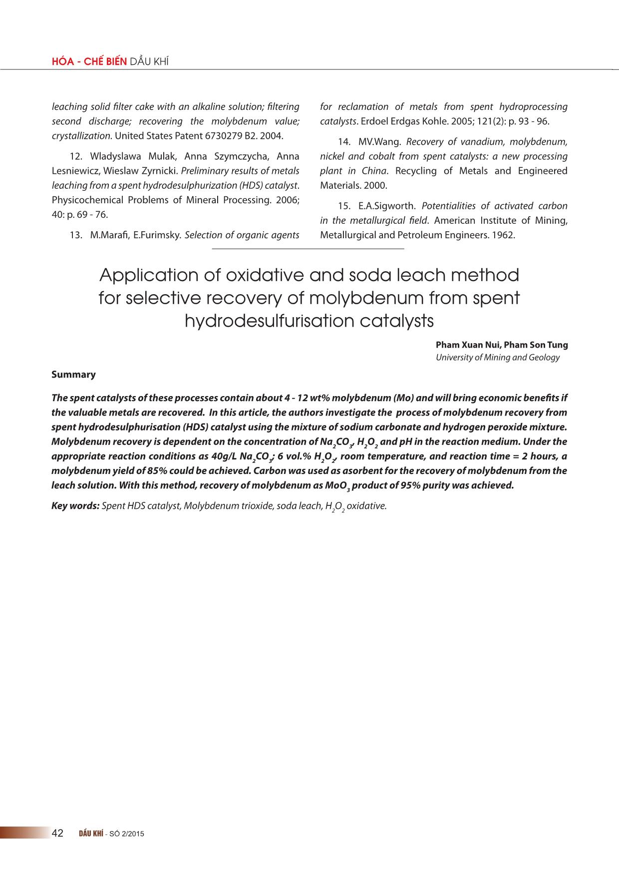 Ứng dụng phương pháp ngâm chiết soda và tác nhân oxy hóa để thu hồi chọn lọc molybdenum từ xúc tác thải của quá trình hydrodesulphur hóa trang 7