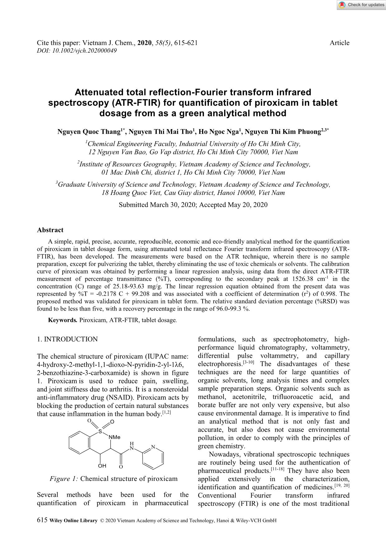 Attenuated total reflection-Fourier transform infrared spectroscopy (ATR-FTIR) for quantification of piroxicam in tablet dosage from as a green analytical method trang 1