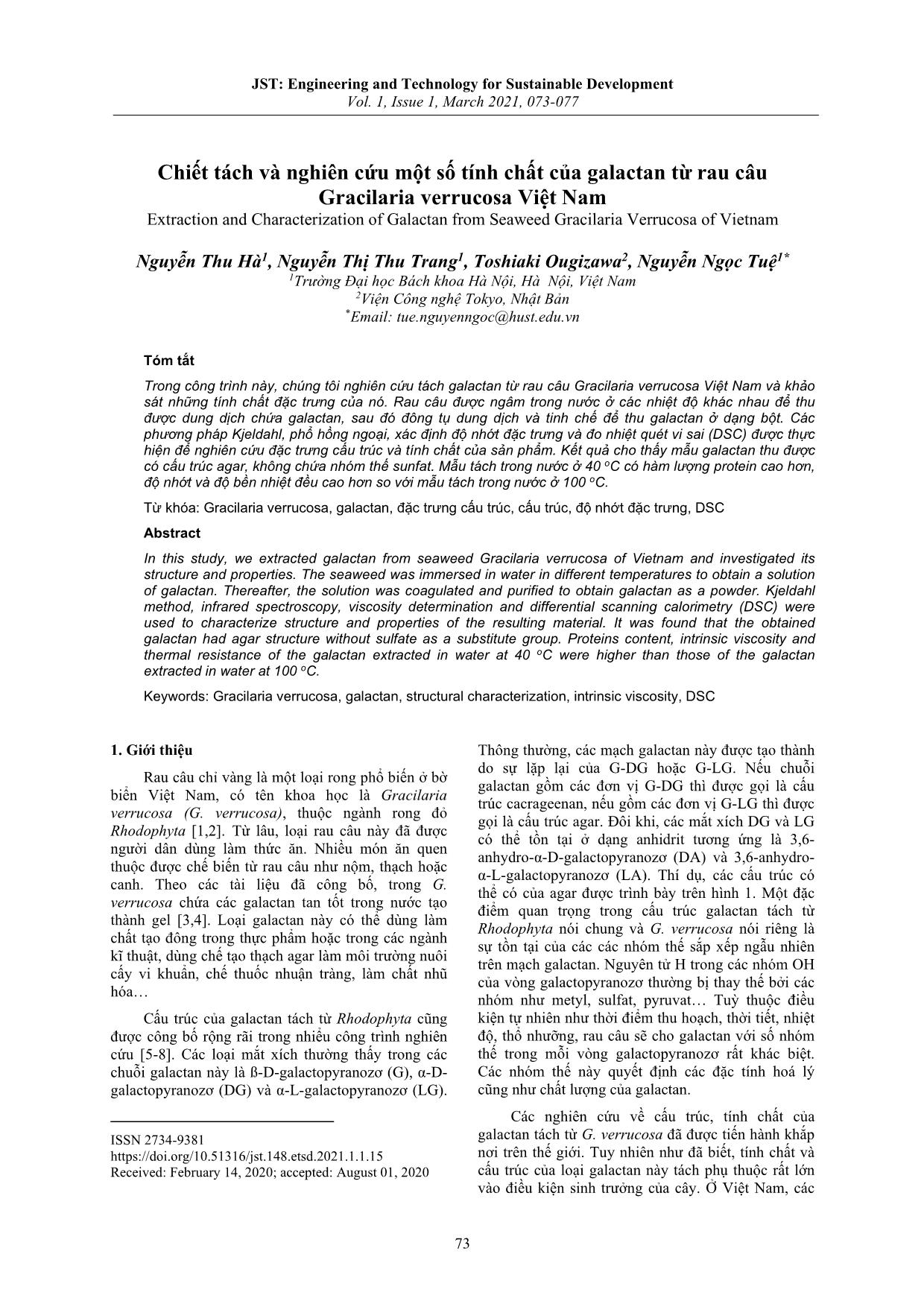 Chiết tách và nghiên cứu một số tính chất của galactan từ rau câu Gracilaria verrucosa Việt Nam trang 1