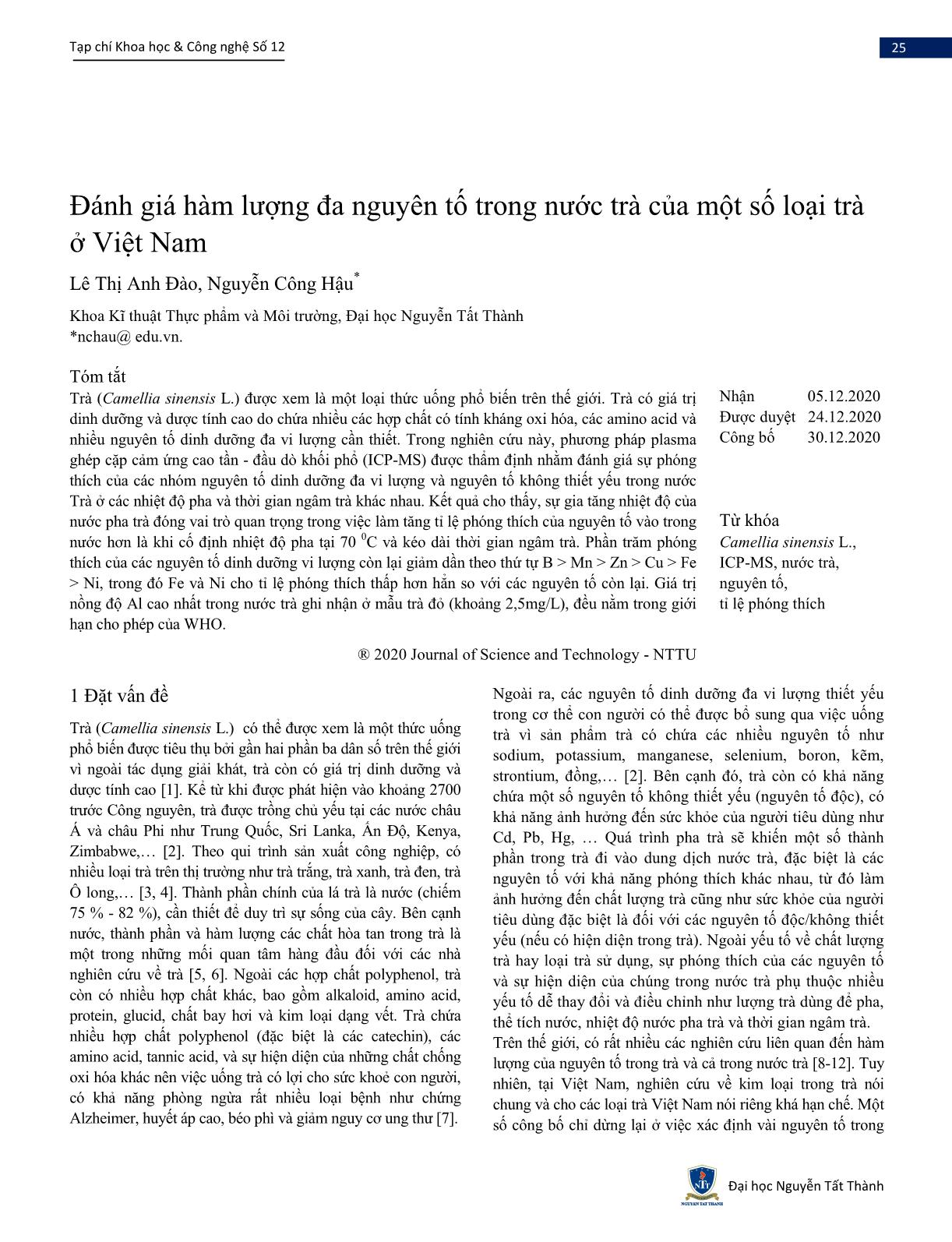 Đánh giá hàm lượng đa nguyên tố trong nước trà của một số loại trà ở Việt Nam trang 1