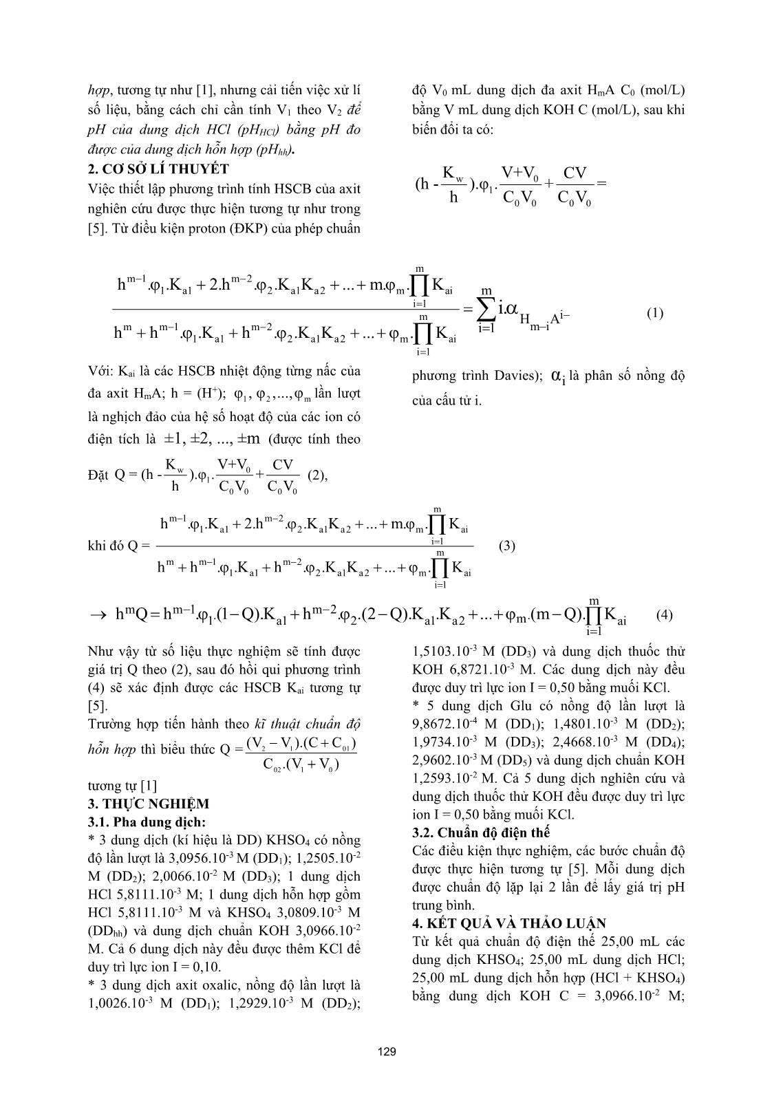 Đánh giá khả năng xác định hằng số cân bằng của các amino axit và axit tương đối mạnh trong dung dịch nước bằng phương pháp chuẩn độ điện thế trang 2