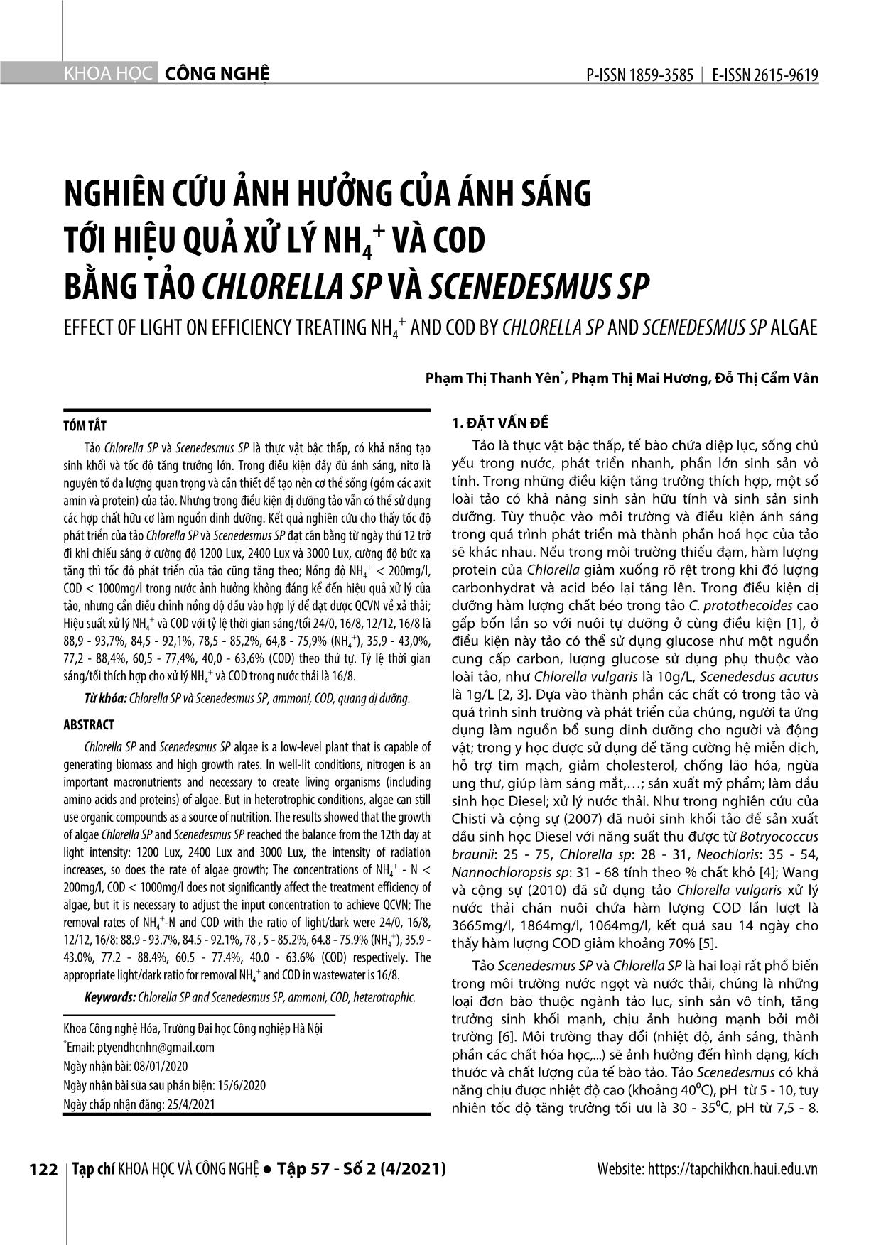 Nghiên cứu ảnh hưởng của ánh sáng tới hiệu quả xử lý NH₄⁺ và cod bằng tảo Chlorella SP và Scenedesmus SP trang 1