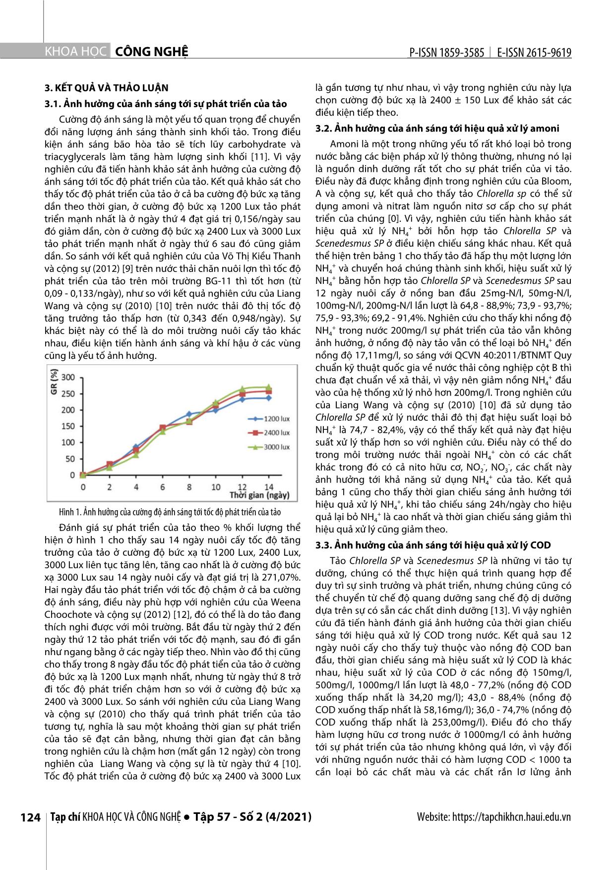 Nghiên cứu ảnh hưởng của ánh sáng tới hiệu quả xử lý NH₄⁺ và cod bằng tảo Chlorella SP và Scenedesmus SP trang 3