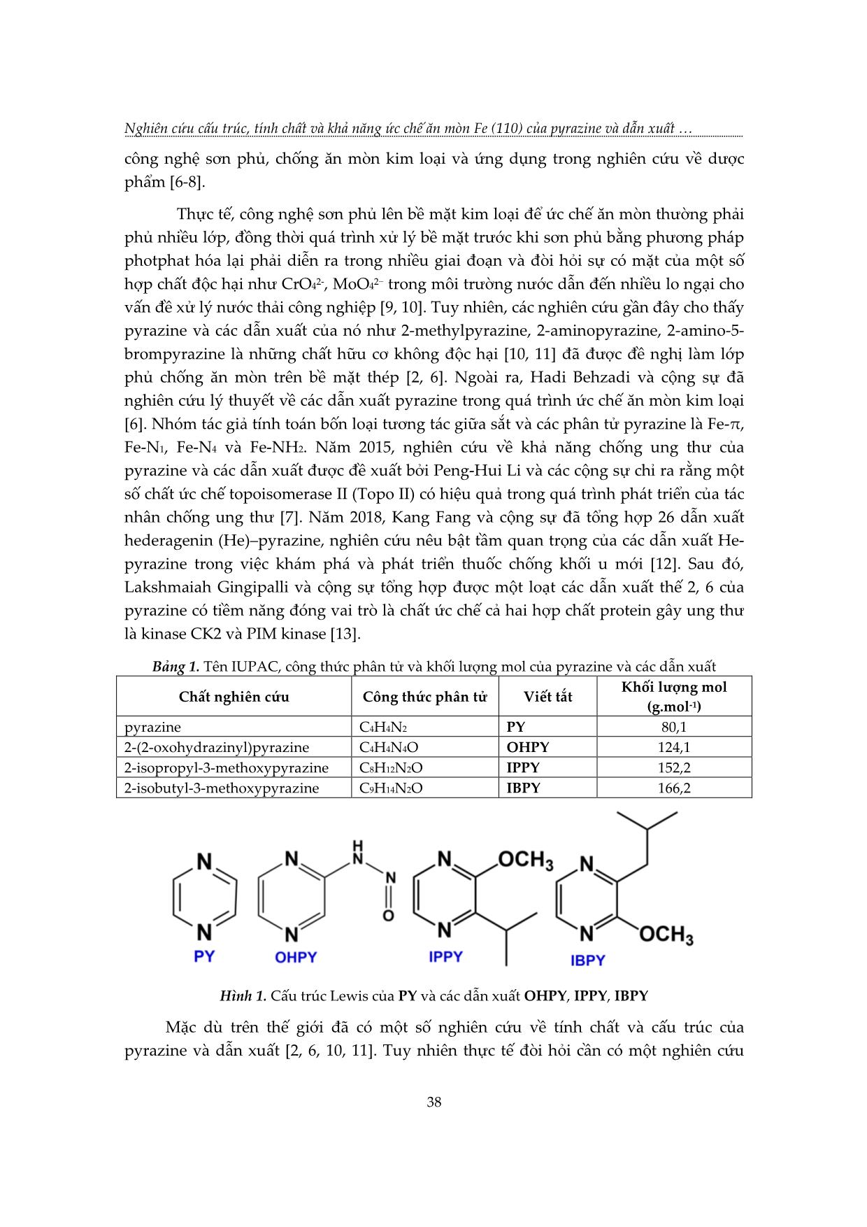 Nghiên cứu cấu trúc, tính chất và khả năng ức chế ăn mòn Fe (110) của pyrazine và dẫn xuất bằng tính toán hóa lượng tử trang 2