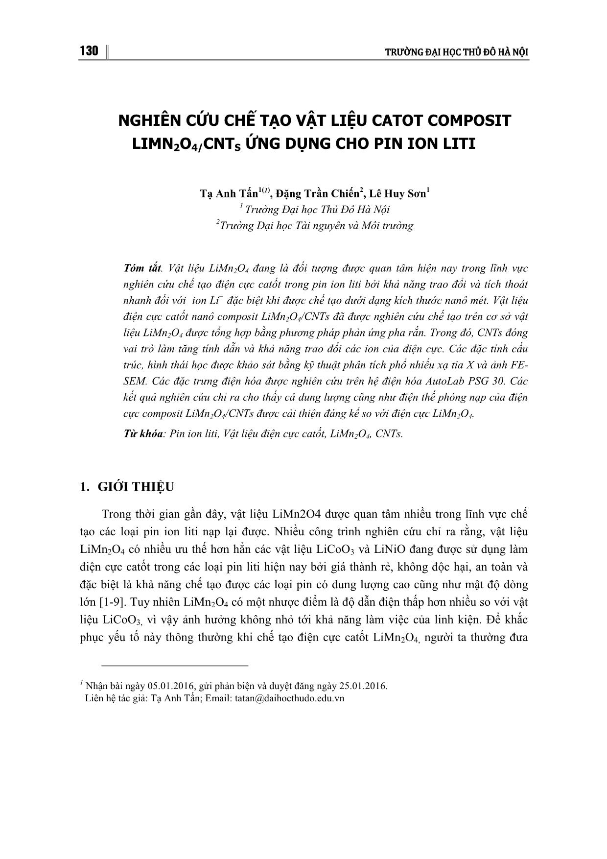 Nghiên cứu chế tạo vật liệu catot composit LIMN₂O₄/CNTˢ ứng dụng cho pin ion liti trang 1