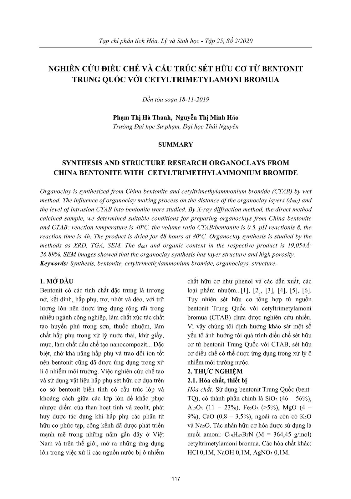 Nghiên cứu điều chế và cấu trúc sét hữu cơ từ bentonit Trung Quốc với cetyltrimetylamoni bromua trang 1