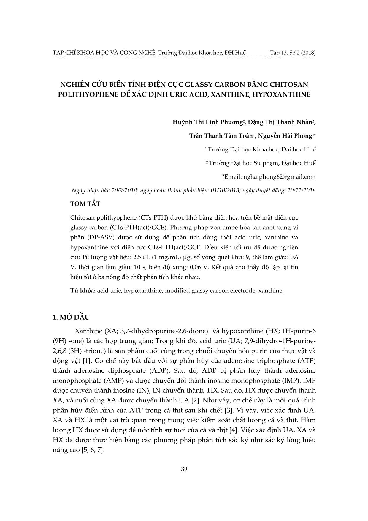 Nghiên cứu biến tính điện cực glassy carbon bằng chitosan polithyophene để xác định uric acid, xanthine, hypoxanthine trang 1