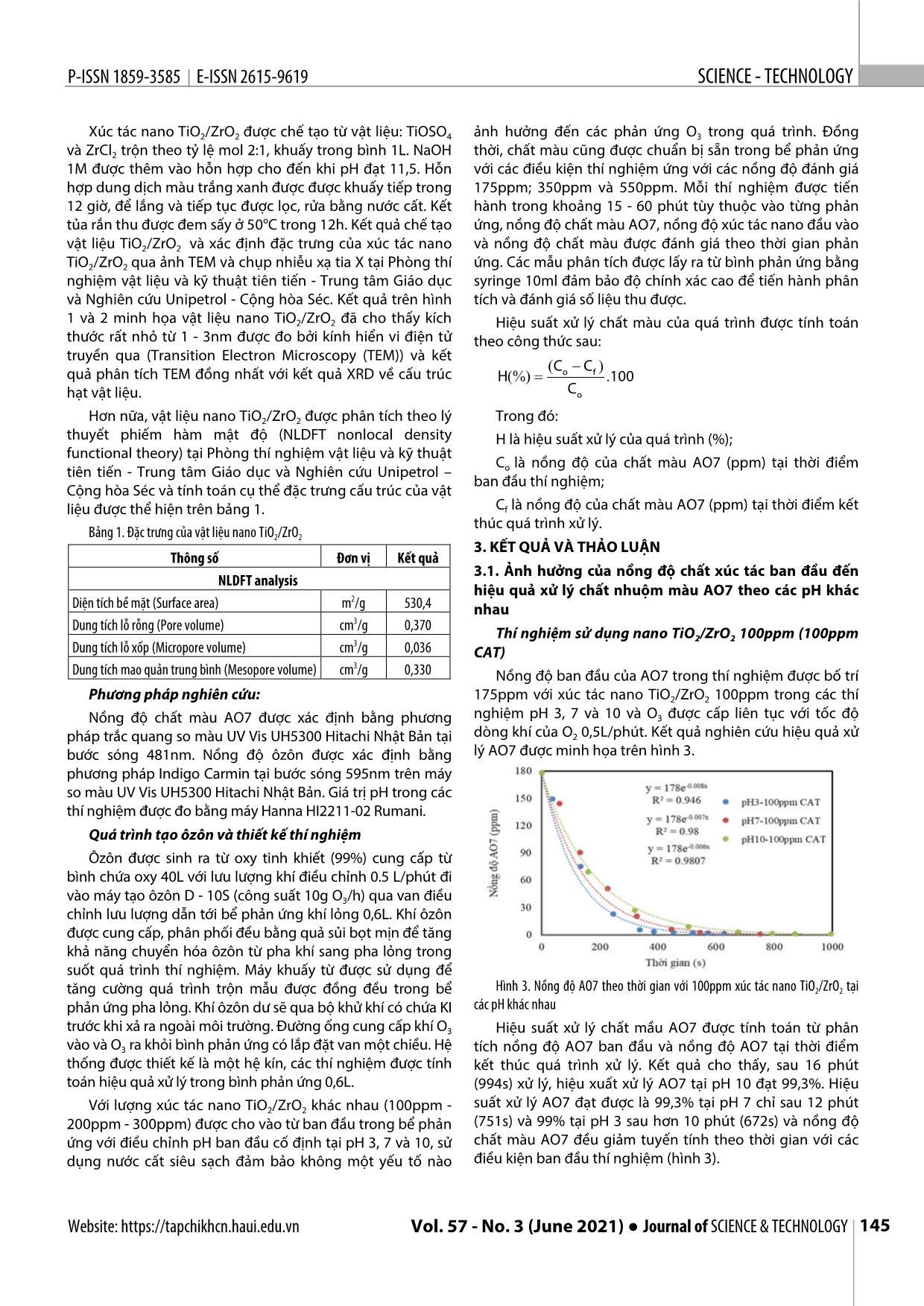 Nghiên cứu sử dụng vật liệu nano tổng hợp TiO₂/ZrO₂ xúc tác quá trình ôxy hóa tiên tiến ôzôn để xử lý axit orange 7 trang 3