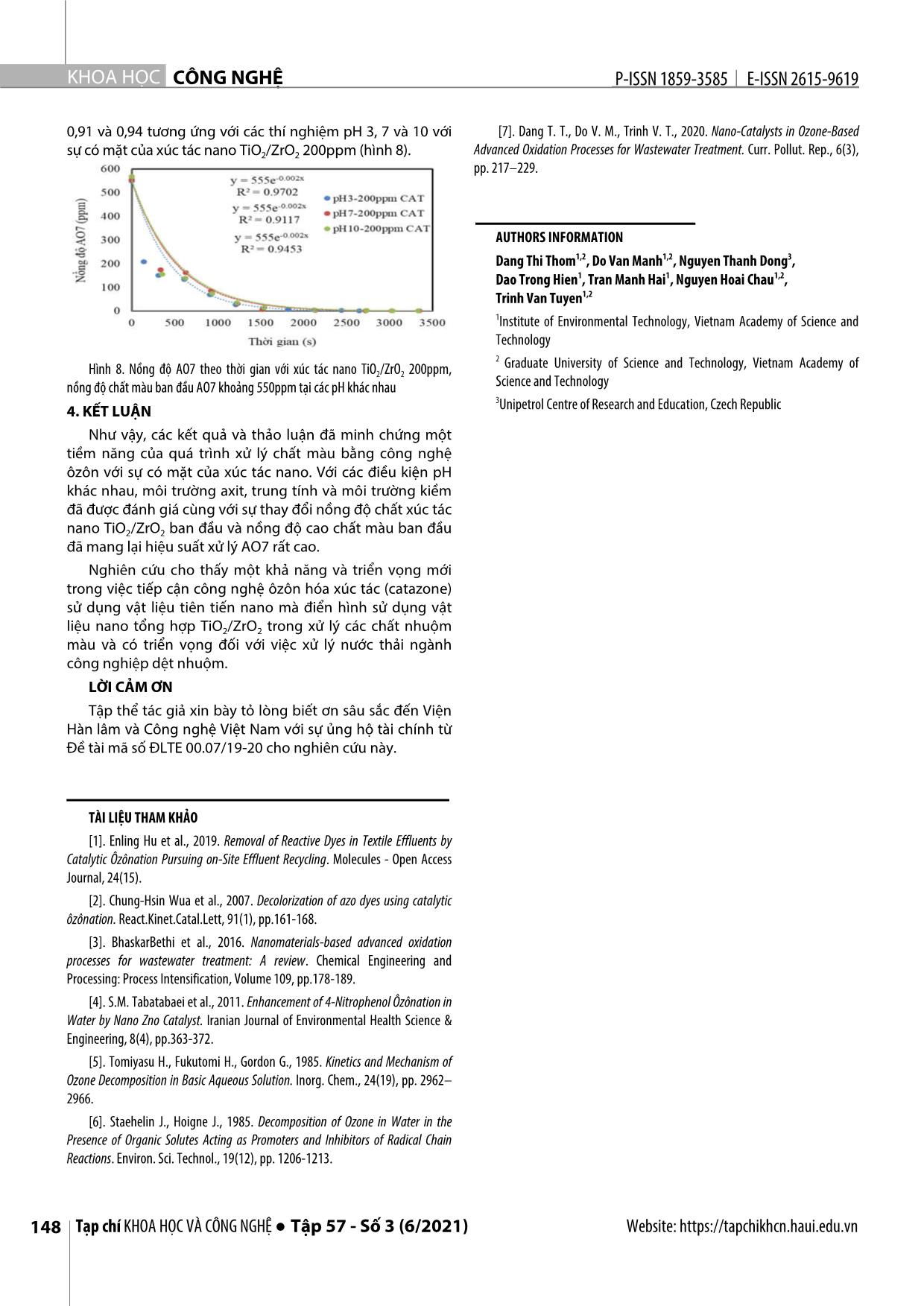 Nghiên cứu sử dụng vật liệu nano tổng hợp TiO₂/ZrO₂ xúc tác quá trình ôxy hóa tiên tiến ôzôn để xử lý axit orange 7 trang 6