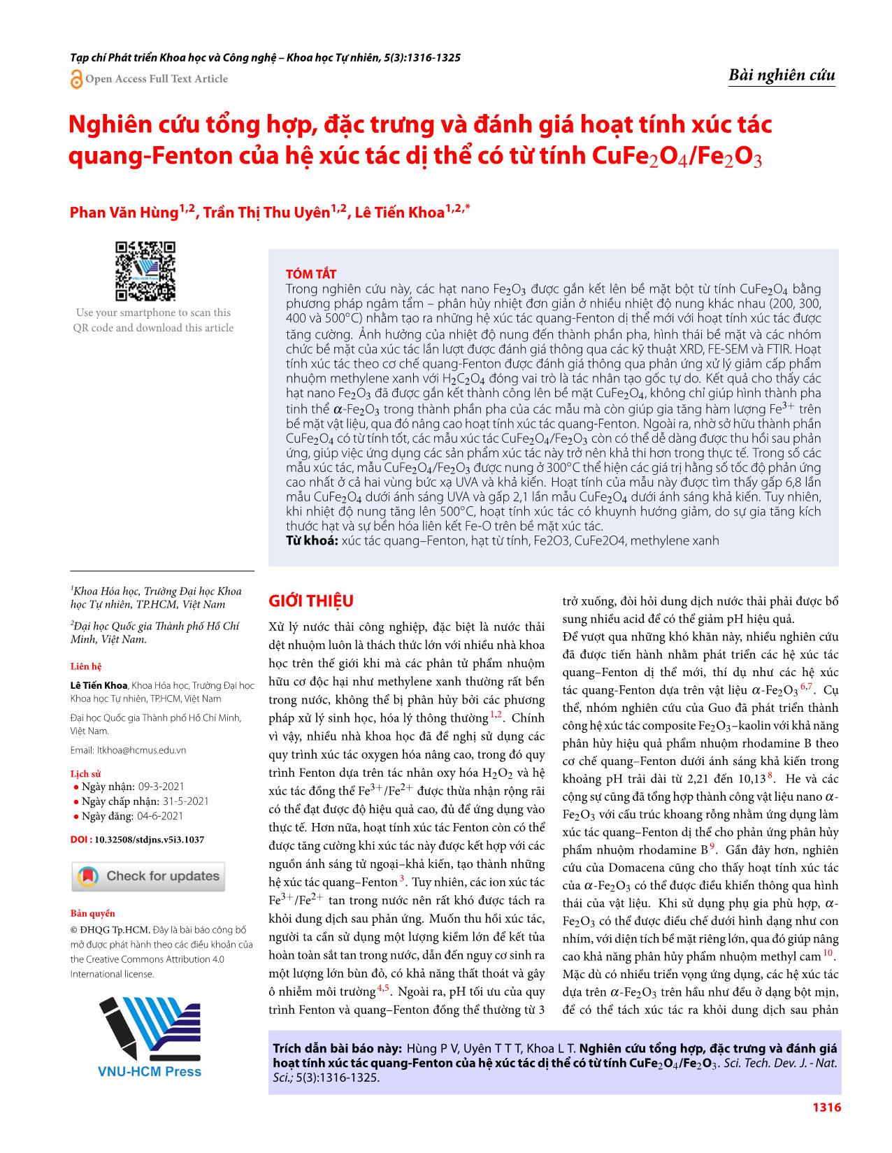 Nghiên cứu tổng hợp, đặc trưng và đánh giá hoạt tính xúc tác quang-Fenton của hệ xúc tác dị thể có từ tính CuFe₂O₄/Fe₂O₃ trang 1