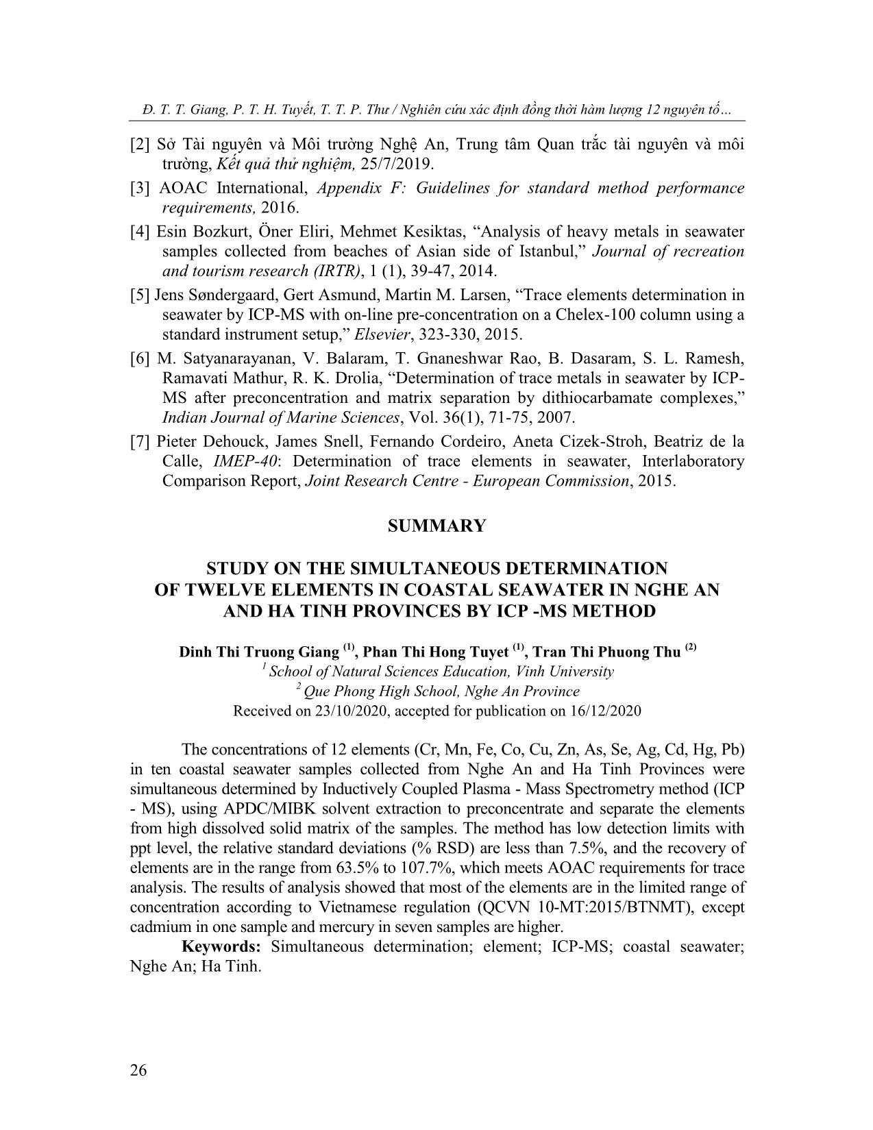 Nghiên cứu xác định đồng thời hàm lượng 12 nguyên tố trong nước biển ven bờ ở Nghệ An và Hà Tĩnh bằng phương pháp ICP-MS trang 7