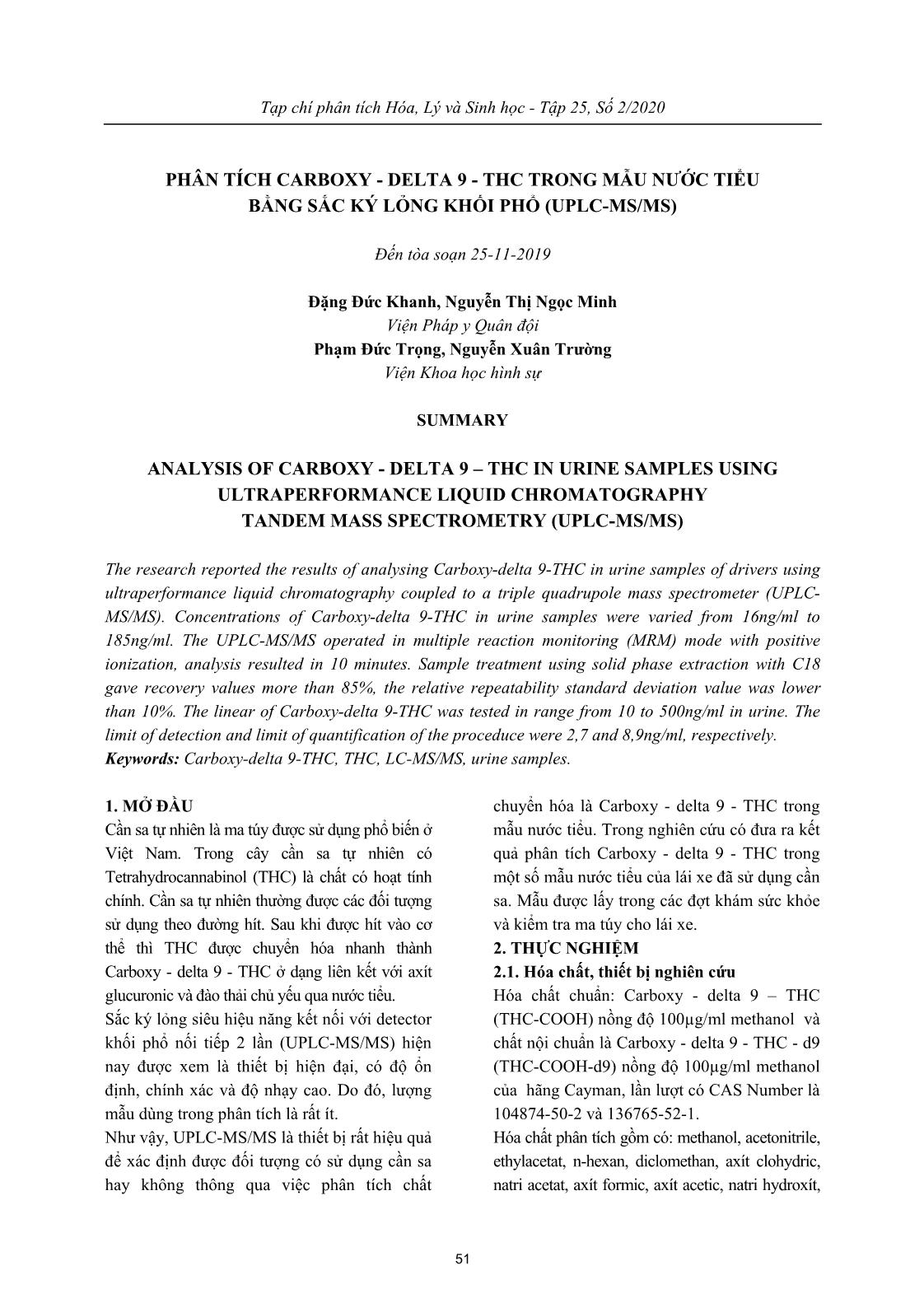 Phân tích Carboxy-delta 9-THC trong mẫu nước tiểu bằng sắc ký lỏng khối phổ (UPLC-MS/MS) trang 1