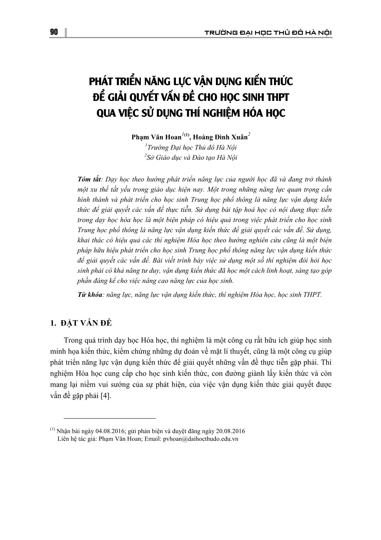 Phát triển năng lực vận dụng kiến thức để giải quyết vấn đề cho học sinh THPT qua việc sử dụng thí nghiệm hóa học trang 1