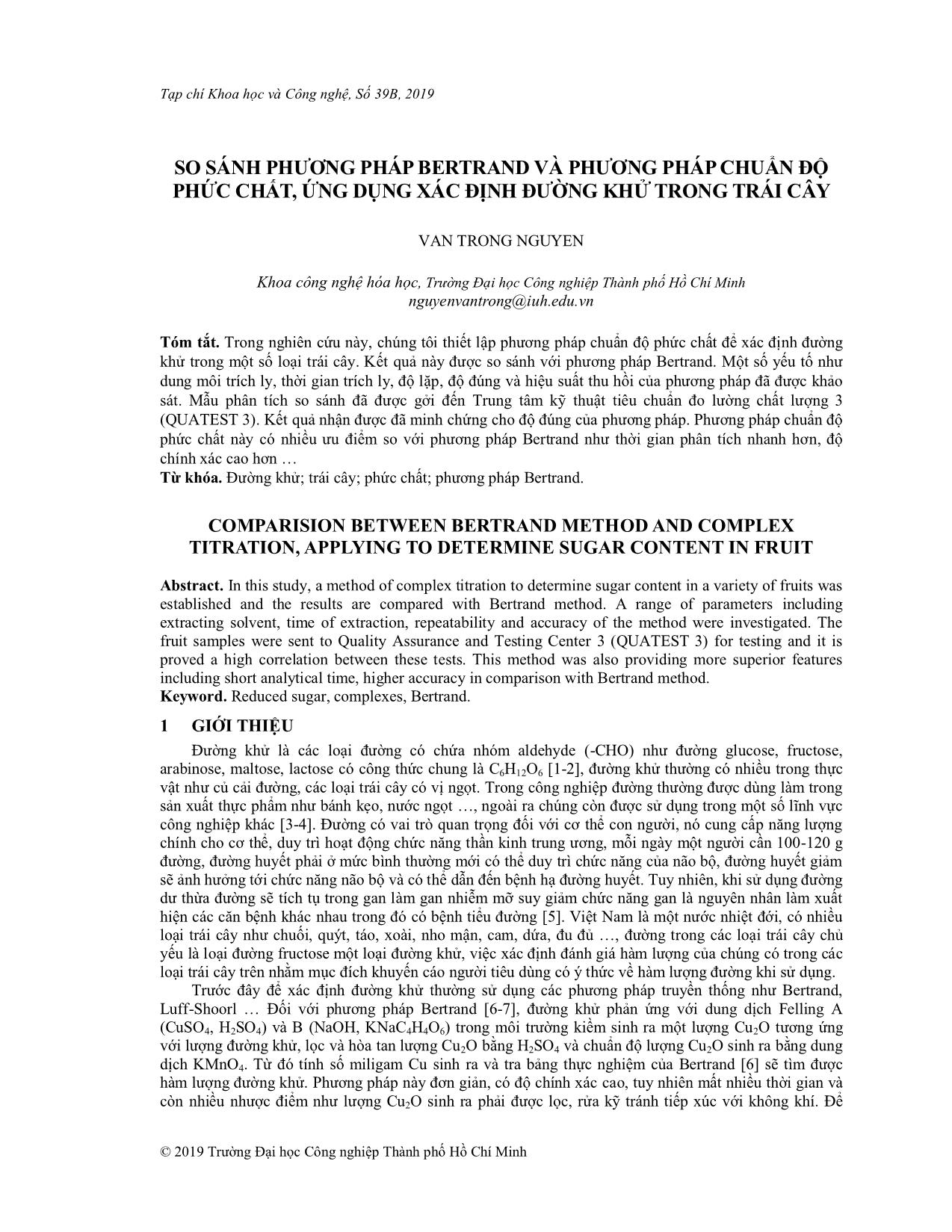 So sánh phương pháp bertrand và phương pháp chuẩn độ phức chất, ứng dụng xác định đường khử trong trái cây trang 1