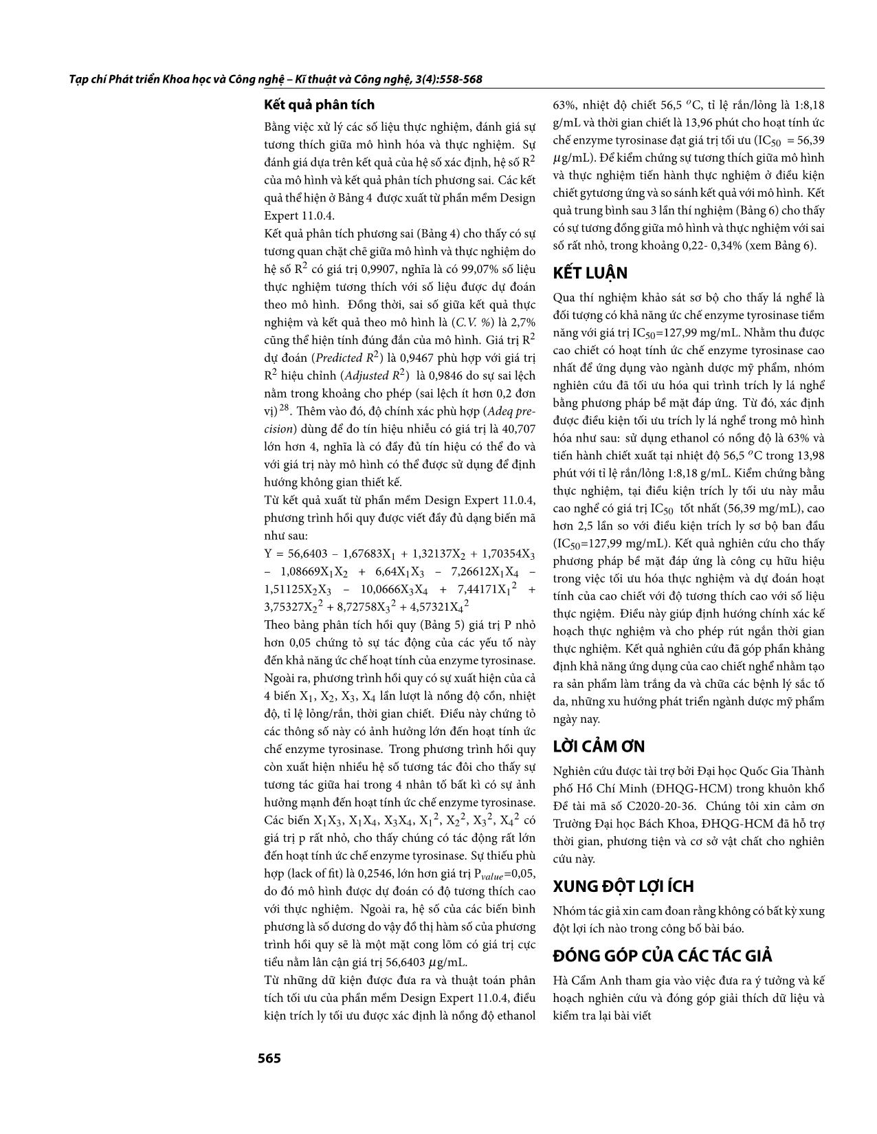 Tối ưu hóa trích ly cao chiết có hoạt tính ức chế enzyme tyrosinase từ lá Persicaria pulchra (Bl.) Soják bằng phương pháp bề mặt đáp ứng trang 8