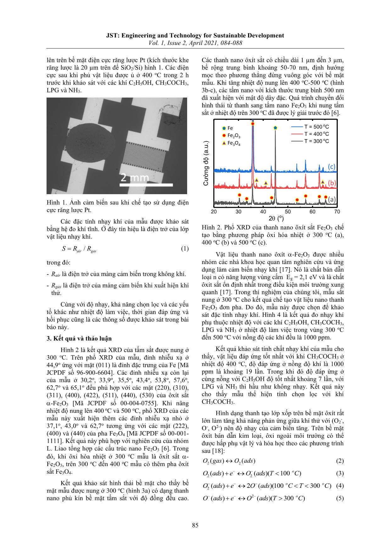Tổng hợp bằng phương pháp ôxi hóa nhiệt và khảo sát đặc tính nhạy khí của thanh nano Fe₂O₃ trang 2