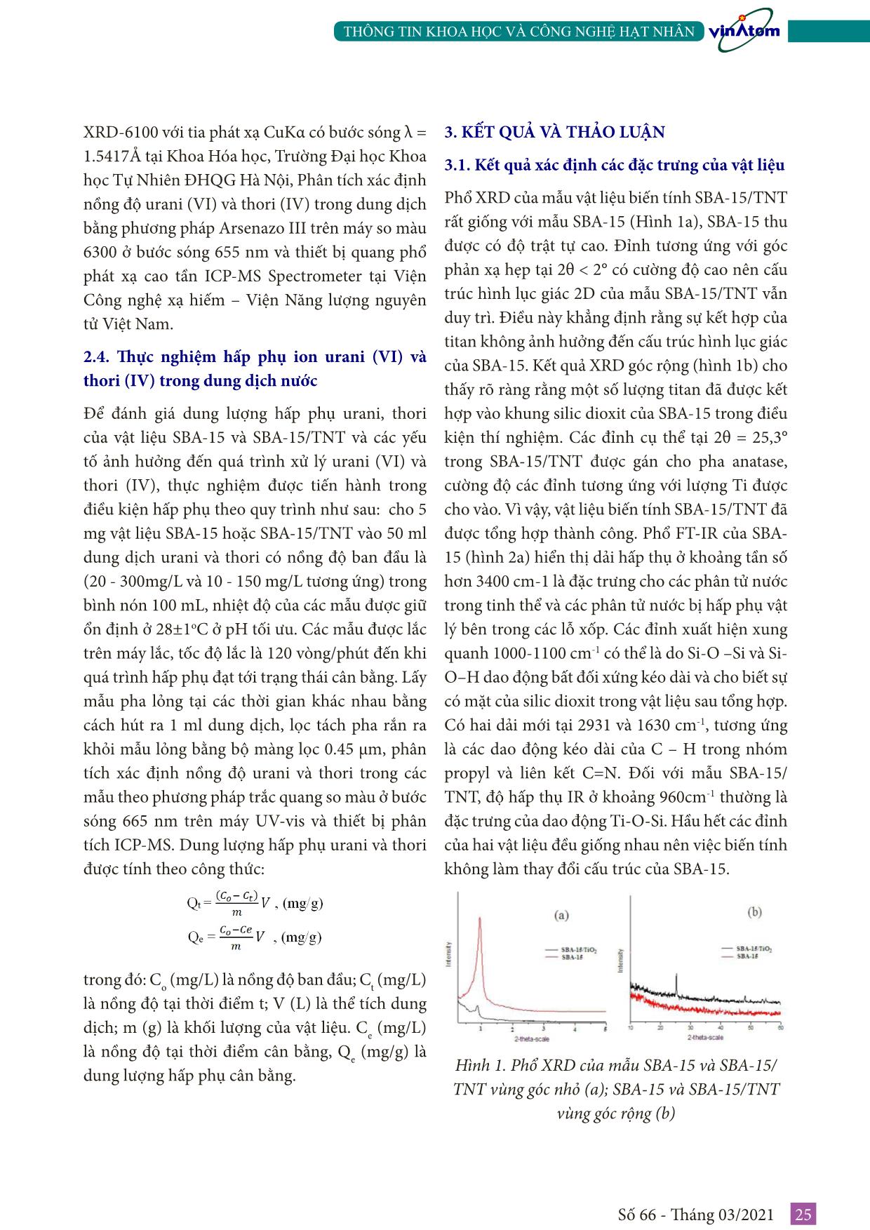 Tổng hợp và ứng dụng vật liệu SBA-15 và composite SBA-15/TiO₂ nanotube từ thủy tinh lỏng Việt Nam để loại bỏ urani(VI) và thori(IV) khỏi dung dịch trang 3
