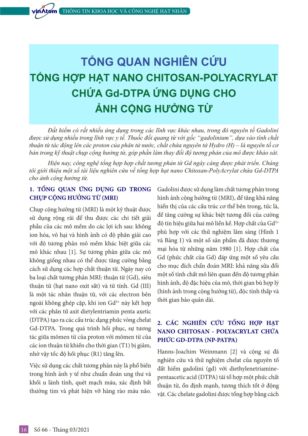 Tổng quan nghiên cứu tổng hợp hạt nano Chitosan-Polyacrylat chứa Gd-DTPA ứng dụng cho ảnh cộng hưởng từ trang 1