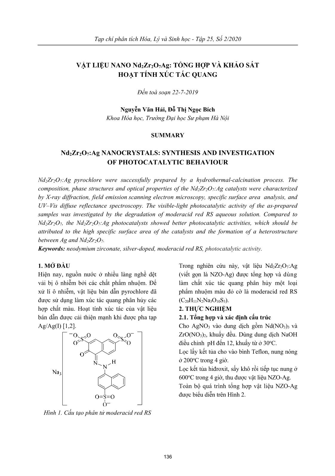 Vật liệu nano Nd₂Zr₂O₇Ag: tổng hợp và khảo sát hoạt tính xúc tác quang trang 1