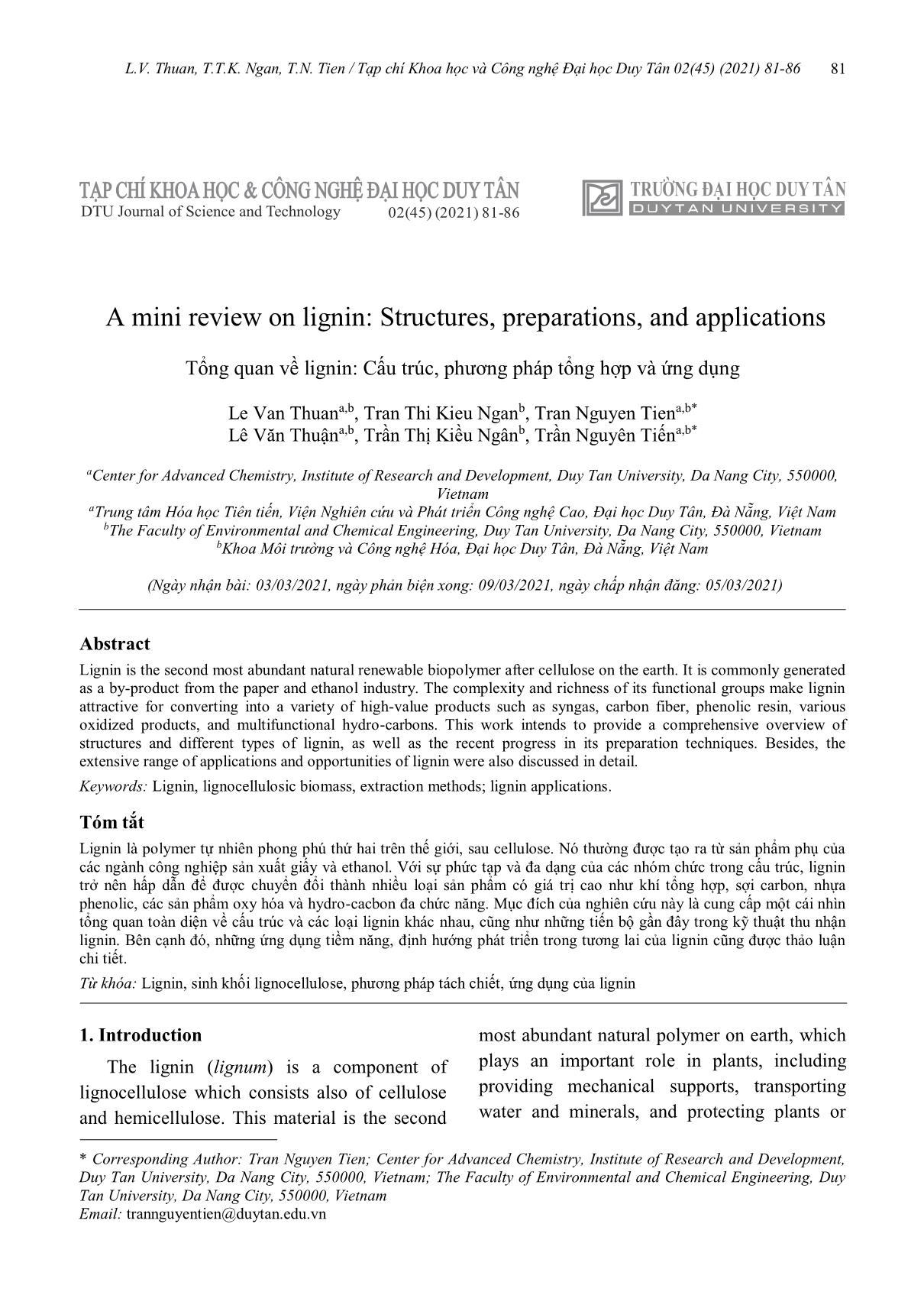 Tổng quan về lignin: Cấu trúc, phương pháp tổng hợp và ứng dụng trang 1