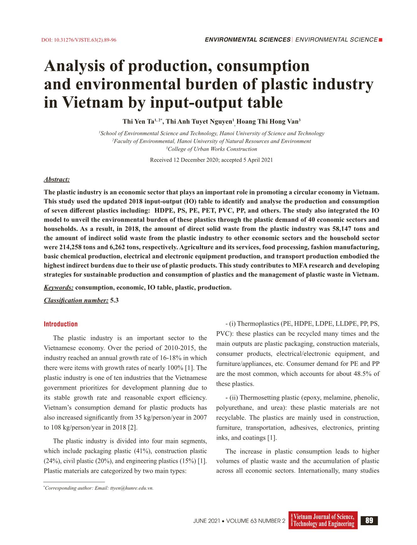 Analysis of production, consumption and environmental burden of plastic industry in Vietnam by input-Output table trang 1