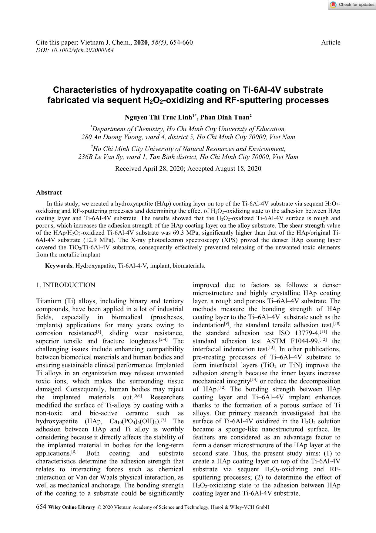 Characteristics of hydroxyapatite coating on Ti-6Al-4V substrate fabricated via sequent H2O2-oxidizing and RF-sputtering processes trang 1