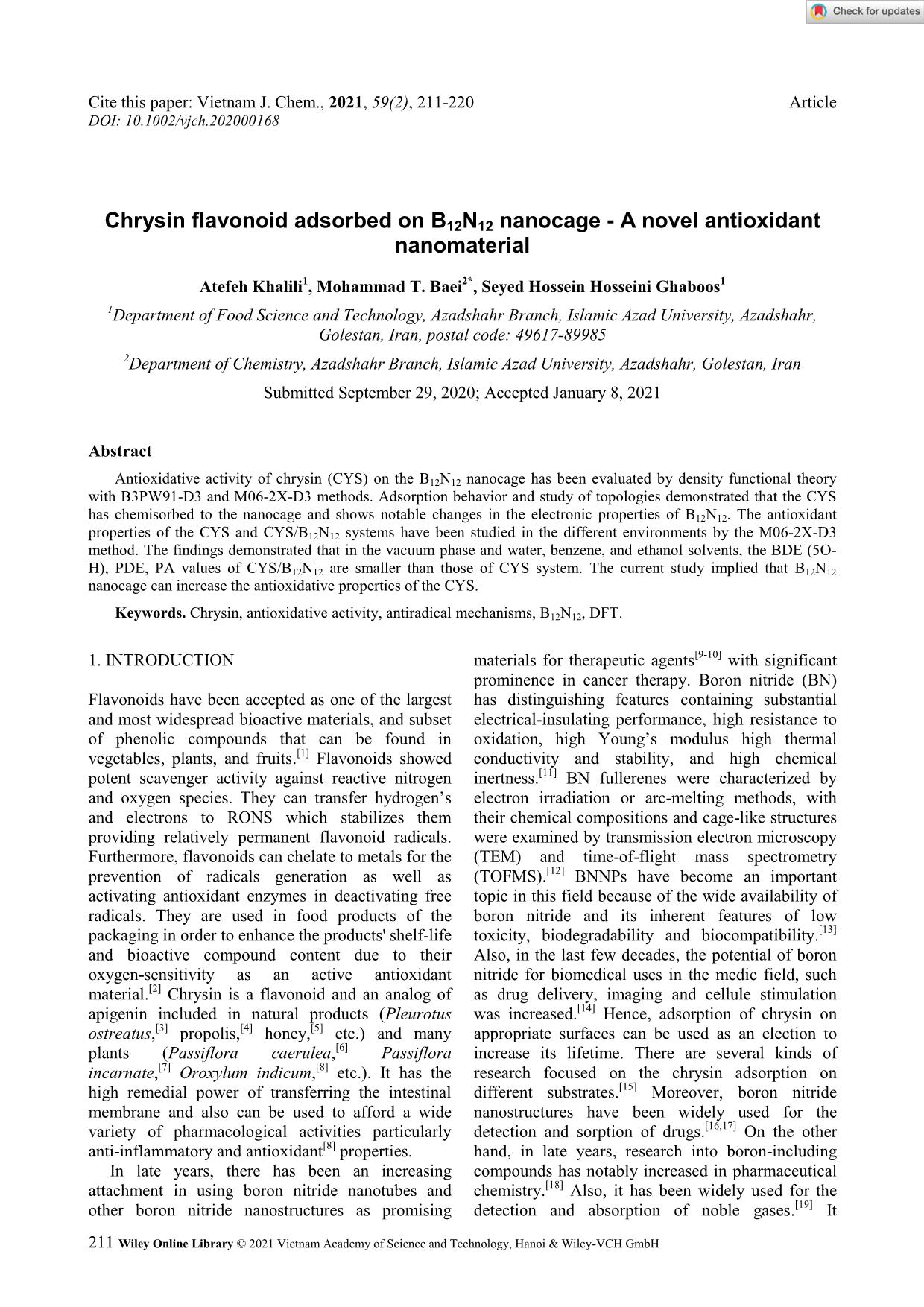 Chrysin flavonoid adsorbed on B12N12 nanocage - A novel antioxidant nanomaterial trang 1