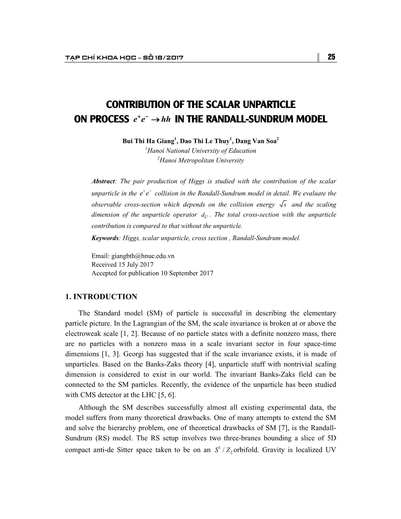 Contribution of the scalar unparticle on process e⁺ e⁻ -> hh in the randall-Sundrum model trang 1