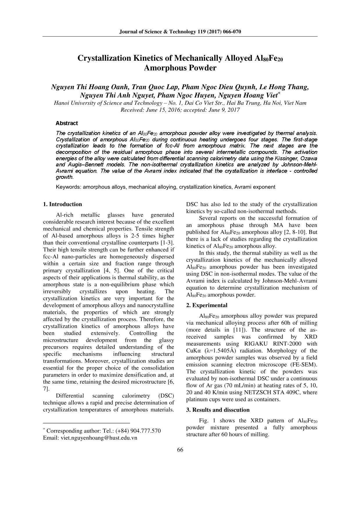 Crystallization Kinetics of Mechanically Alloyed Al₈₀Fe₂₀ Amorphous Powder trang 1