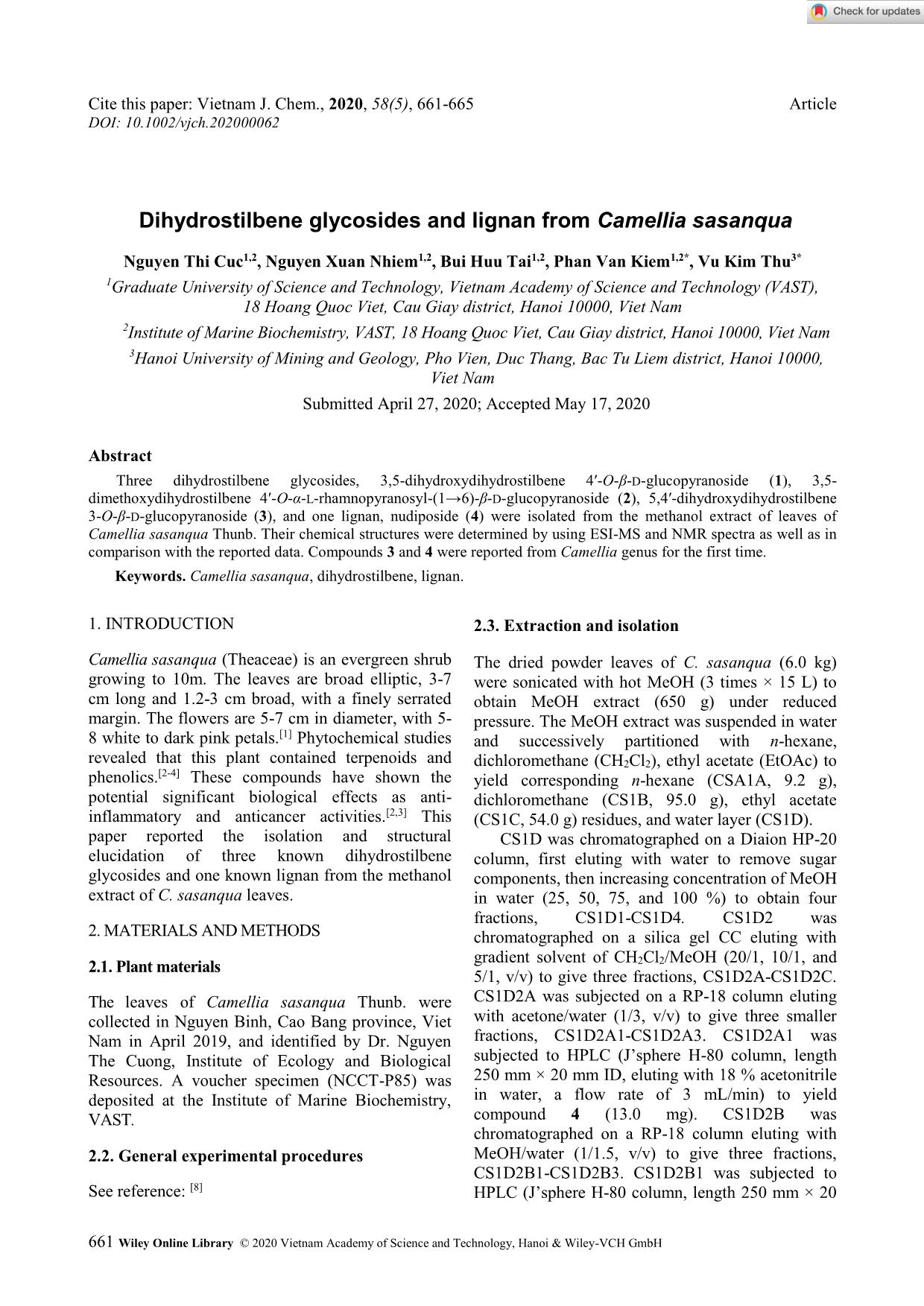 Dihydrostilbene glycosides and lignan from Camellia sasanqua trang 1