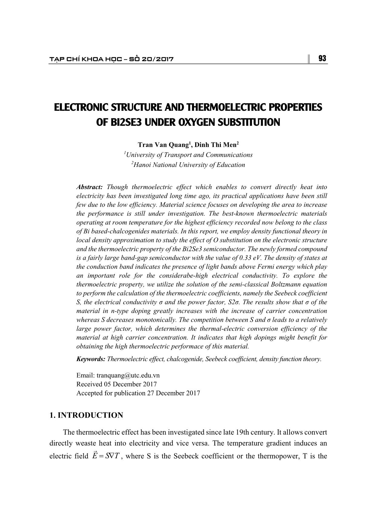 Electronic structure and thermoelectric properties of Bi2Se3 under oxygen substitution trang 1