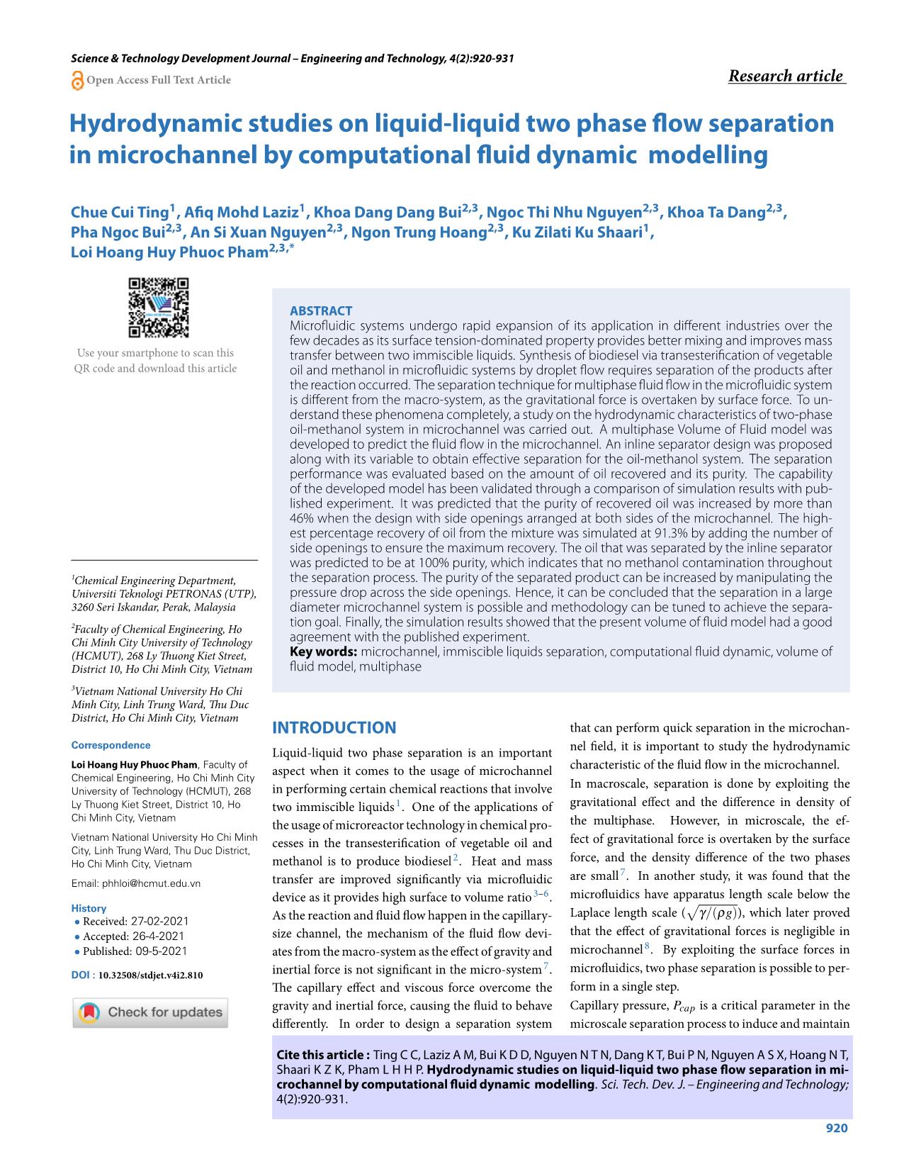 Hydrodynamic studies on liquid-Liquid two phase flow separation in microchannel by computational fluid dynamic modelling trang 1