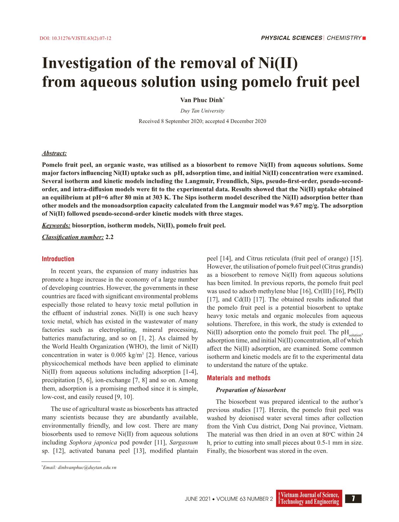 Investigation of the removal of Ni(II) from aqueous solution using pomelo fruit peel trang 1