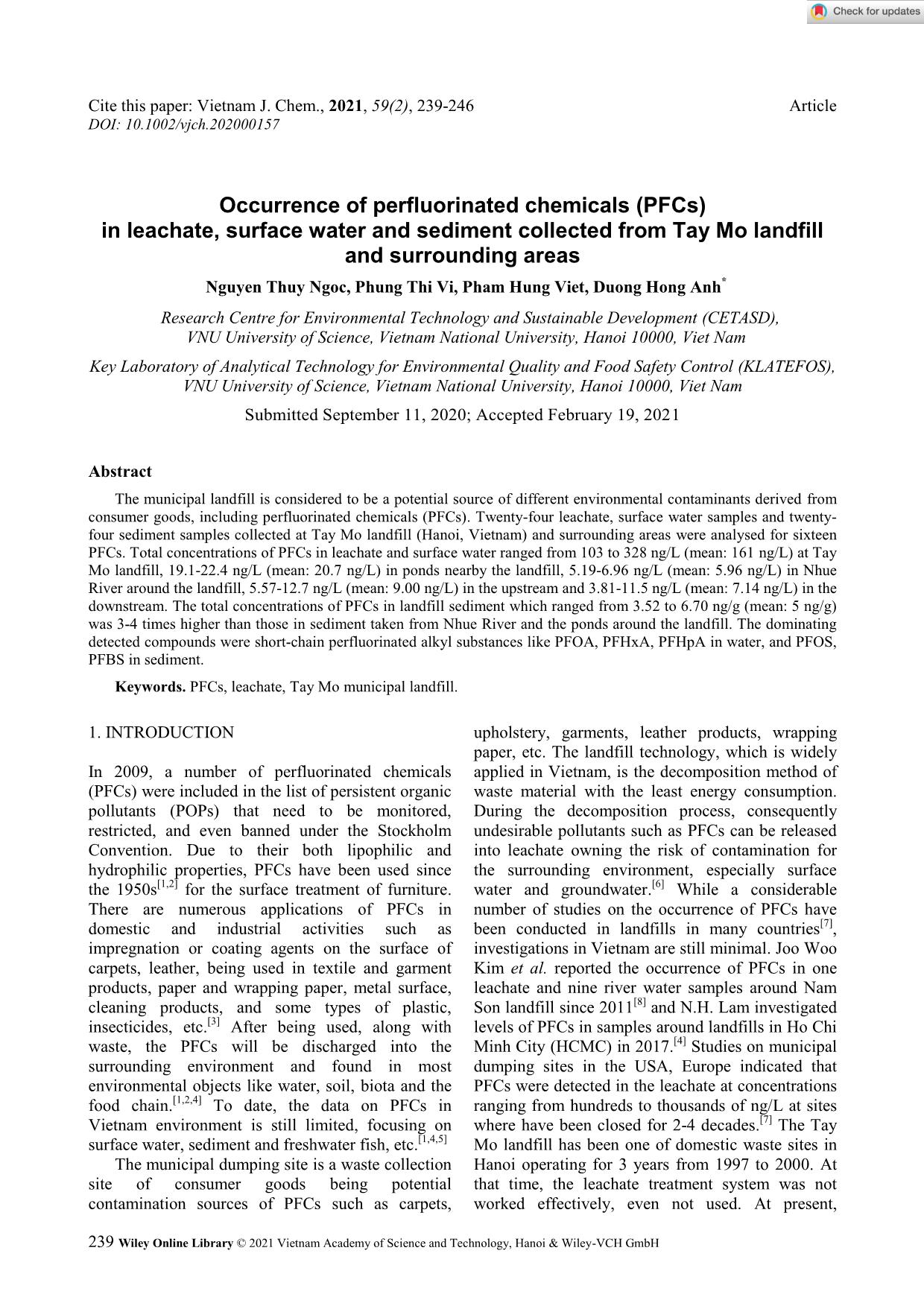 Occurrence of perfluorinated chemicals (PFCs) in leachate, surface water and sediment collected from Tay Mo landfill and surrounding areas trang 1