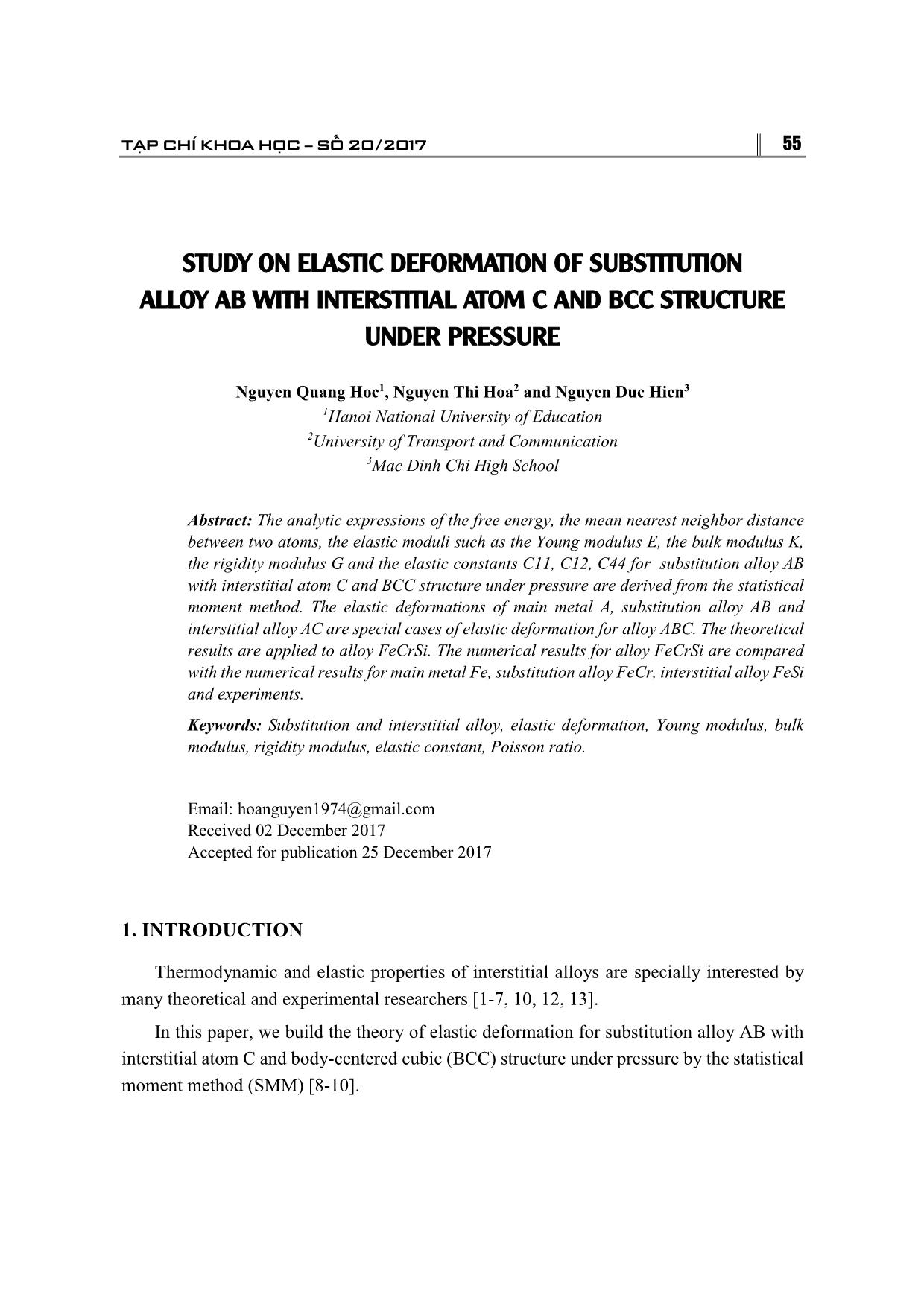 Study on elastic deformation of substitution alloy ab with interstitial atom C and BCC structure under pressure trang 1
