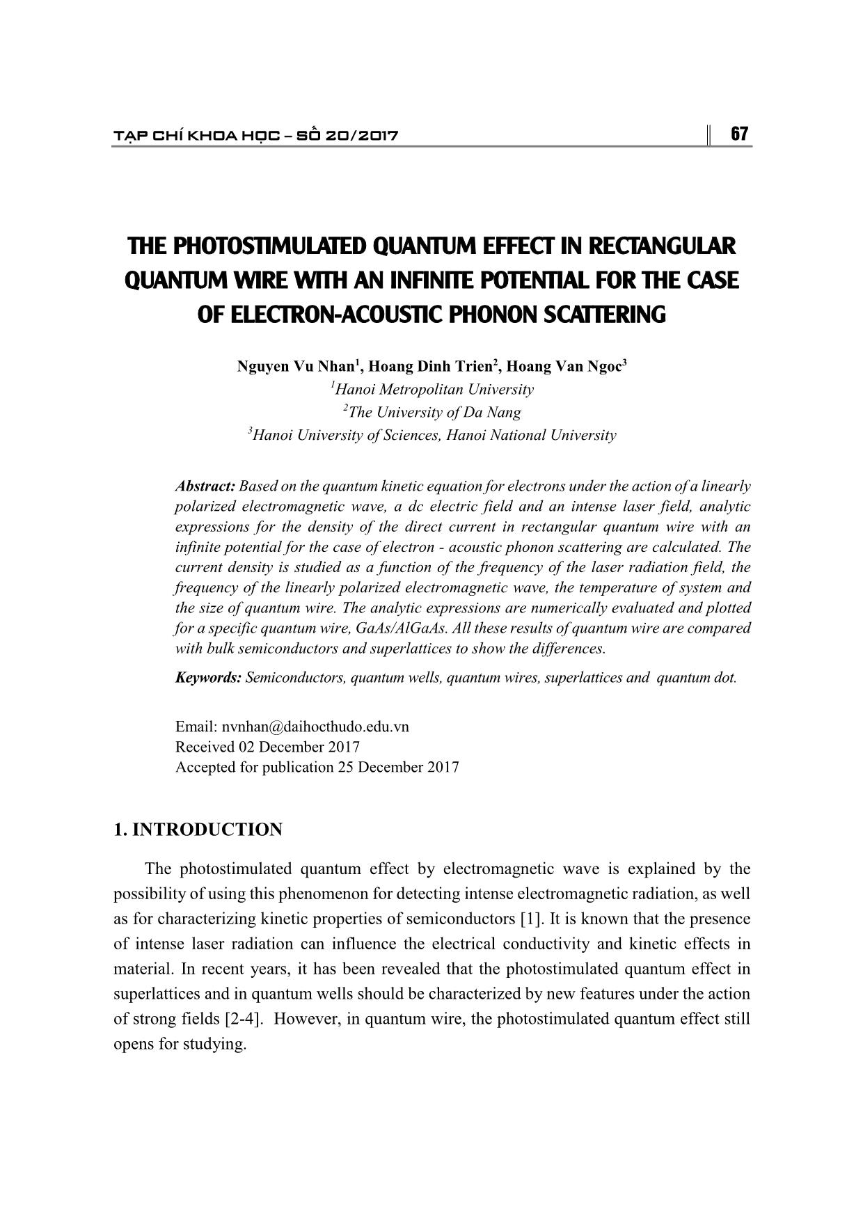 The photostimulated quantum effect in rectangular quantum wire with an infinite potential for the case of electron-acoustic phonon scattering trang 1