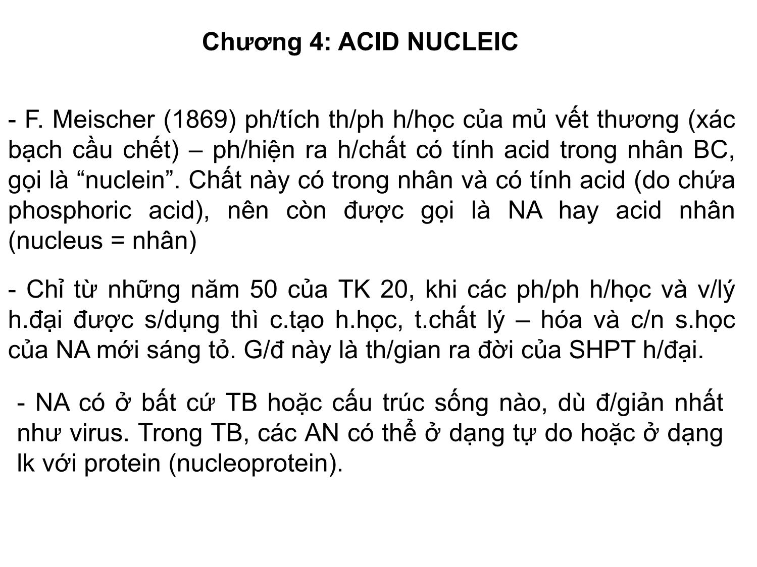 Bài giảng Hóa sinh đại cương - Chương 4: Acid nucleic trang 1