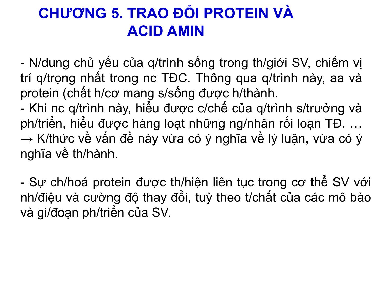 Bài giảng Hóa sinh đại cương - Chương 5: Trao đổi protein và acid amin trang 1