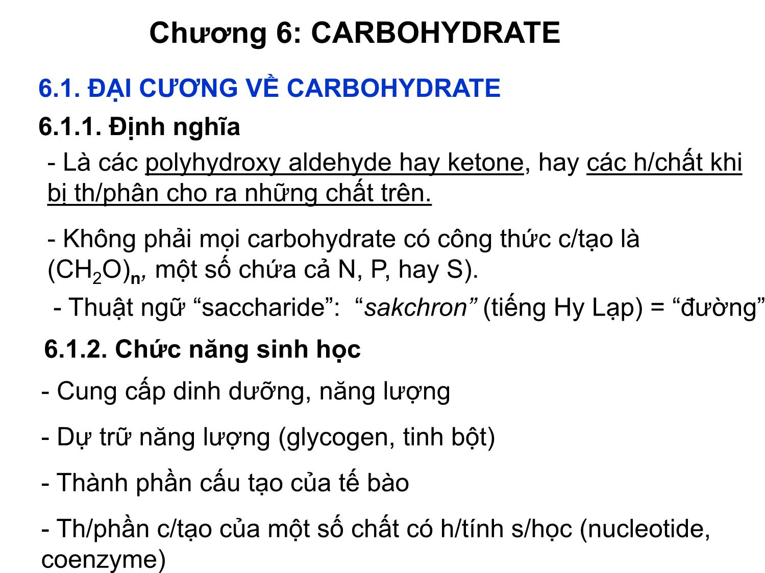 Bài giảng Hóa sinh đại cương - Chương 6: Carbohydrate trang 1