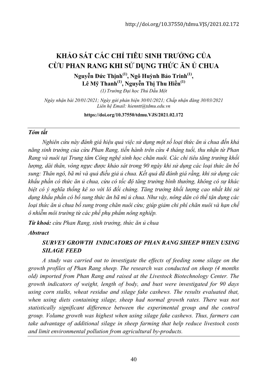 Khảo sát các chỉ tiêu sinh trưởng của cừu Phan Rang khi sử dụng thức ăn ủ chua trang 1