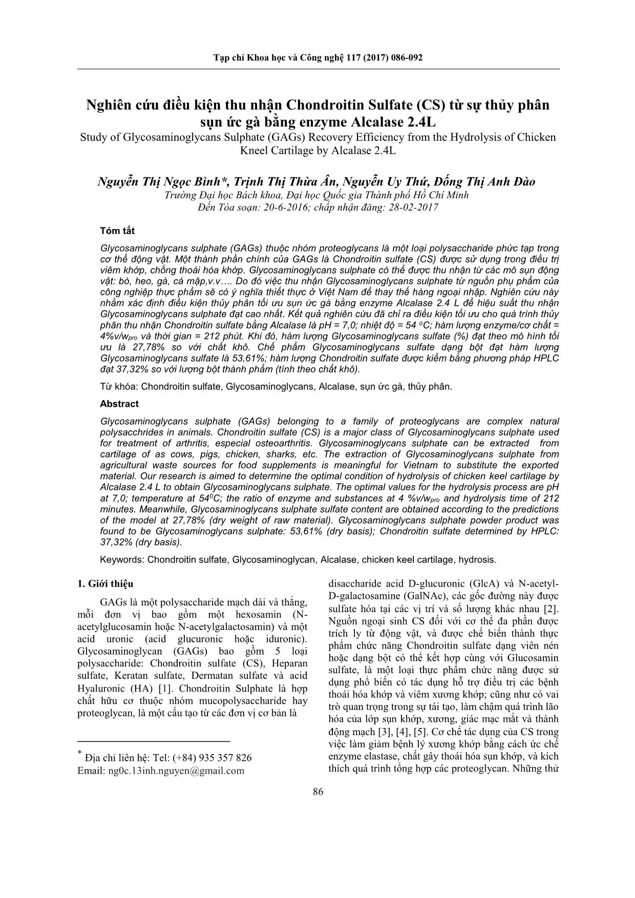 Nghiên cứu điều kiện thu nhận Chondroitin Sulfate (CS) từ sự thủy phân sụn ức gà bằng enzyme Alcalase 2.4L trang 1