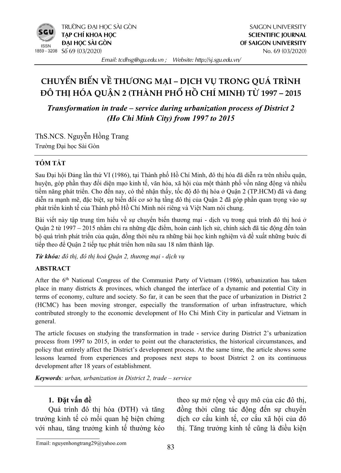 Chuyển biến về thương mại - dịch vụ trong quá trình đô thị hóa quận 2 (thành phố Hồ Chí Minh) từ 1997-2015 trang 1