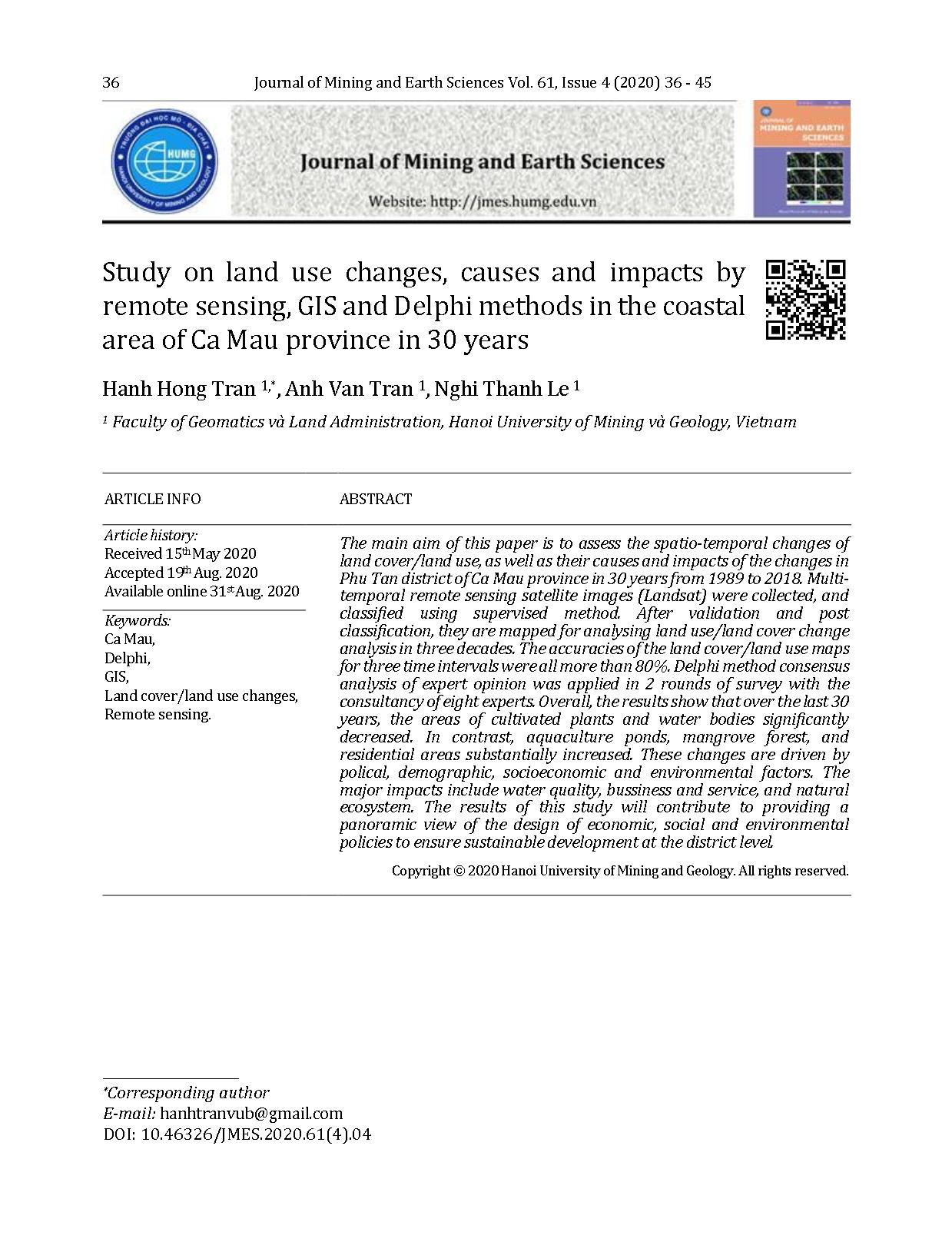 Study on land use changes, causes and impacts by remote sensing, GIS and Delphi methods in the coastal area of Ca Mau province in 30 years trang 1